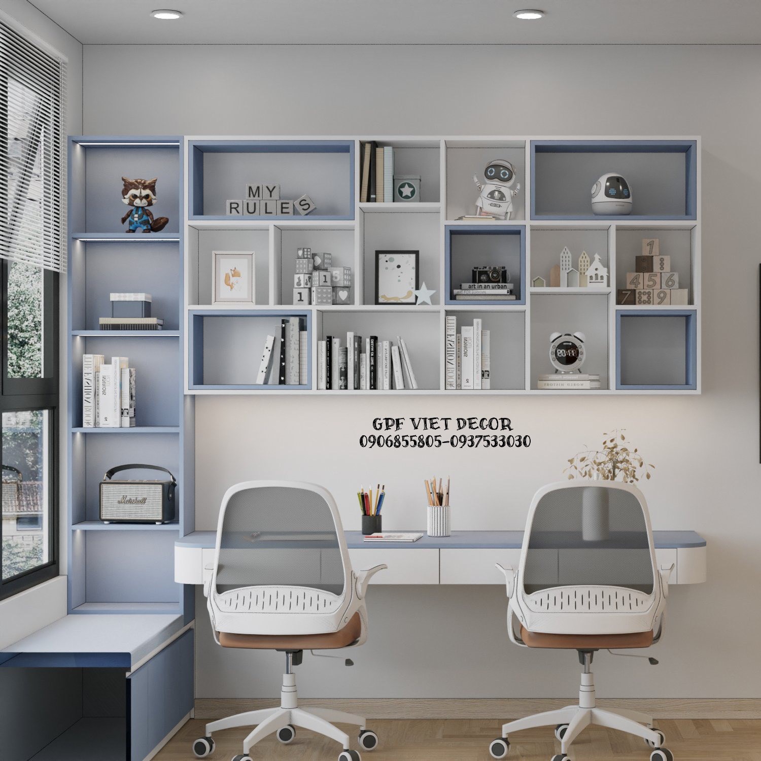 Thiết kế góc học tập cho bé với đầy đủ các hạng mục bàn, ghế, tủ, giá sách giúp bé có 1 không gian học tập khoa học Thiết kế góc học tập cho bé với đầy đủ các hạng mục bàn, ghế, tủ, giá sách giúp bé có 1 không gian học tập khoa học