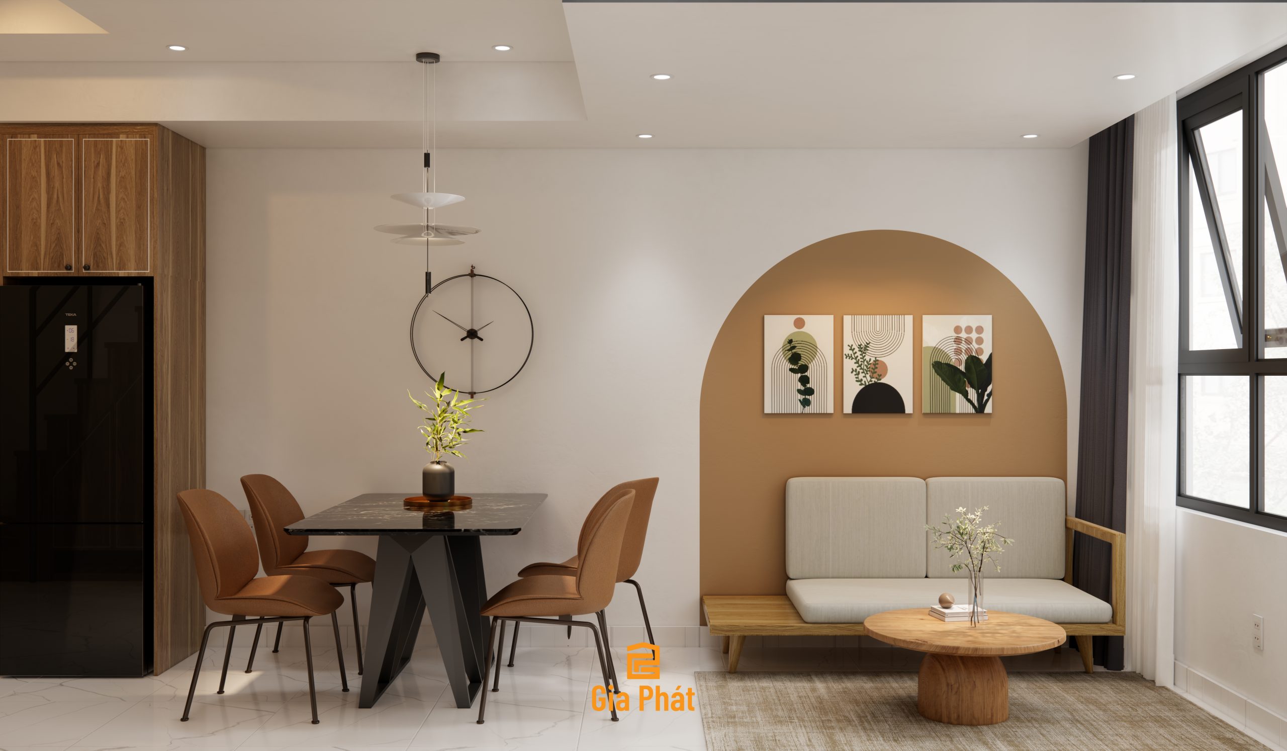 Thiết kế nội thất phòng khách - bếp căn hộ duplex đầy đủ công năng