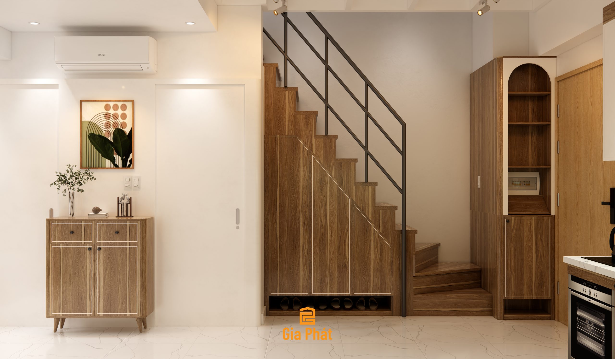 Thiết kế góc cầu thang làm tủ lưu trữ đa năng