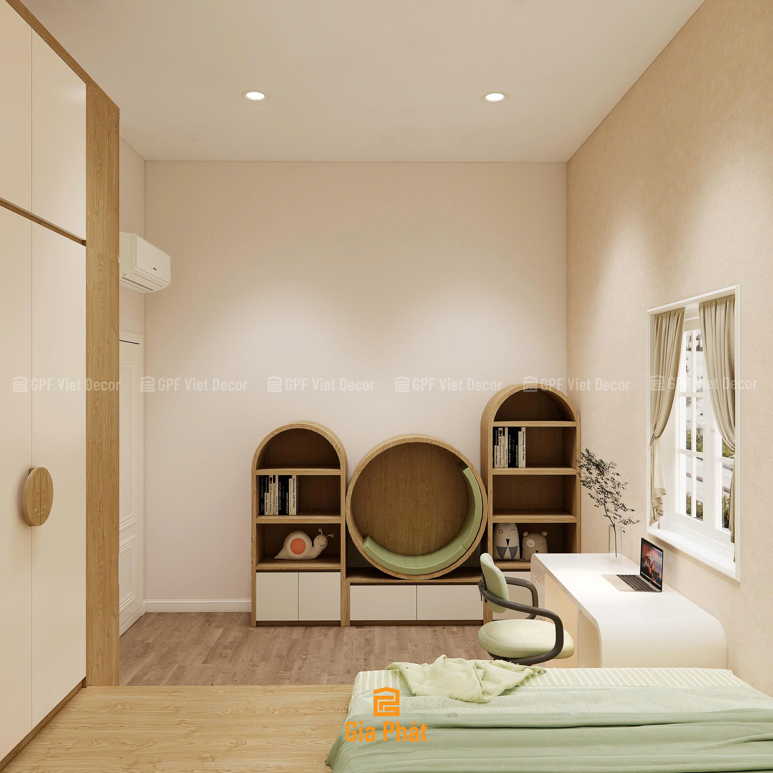 Phòng ngủ bé trai tone xanh lá đầy đủ công năng