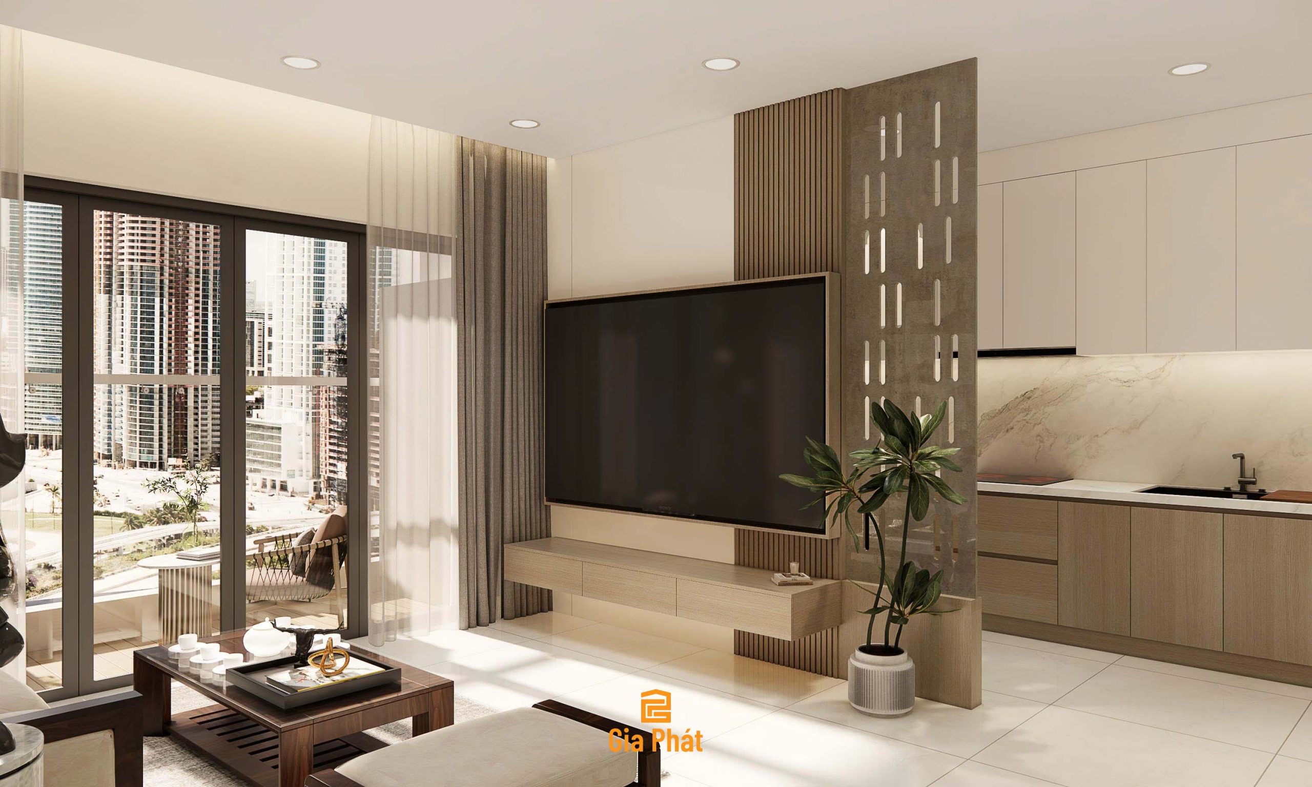 Thiết kế phòng khách bếp mở theo phong cách hiện đại - Chung cư nhà anh Quý