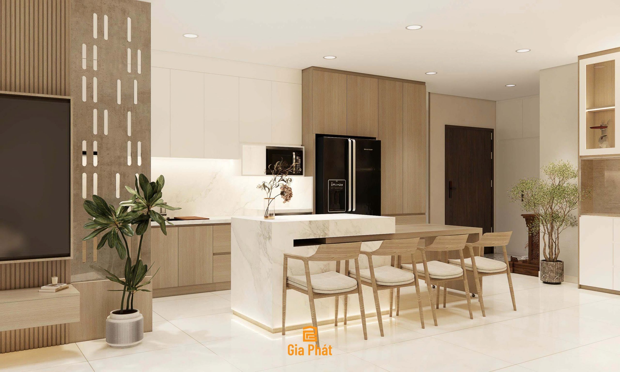 Thiết kế phòng khách bếp mở theo phong cách hiện đại - Chung cư nhà anh Quý