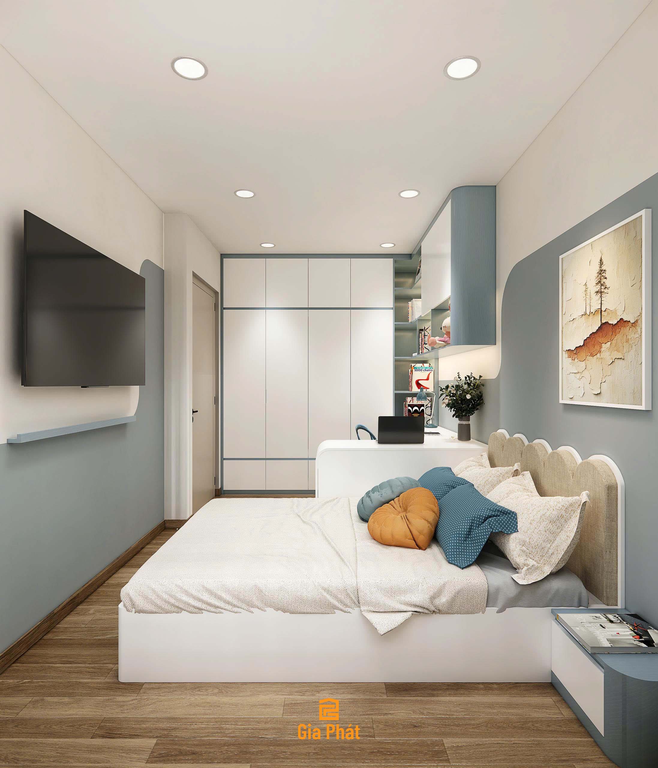 Thiết kế nội thất phòng ngủ tone xanh - Căn hộ chung cư nhà anh Quý