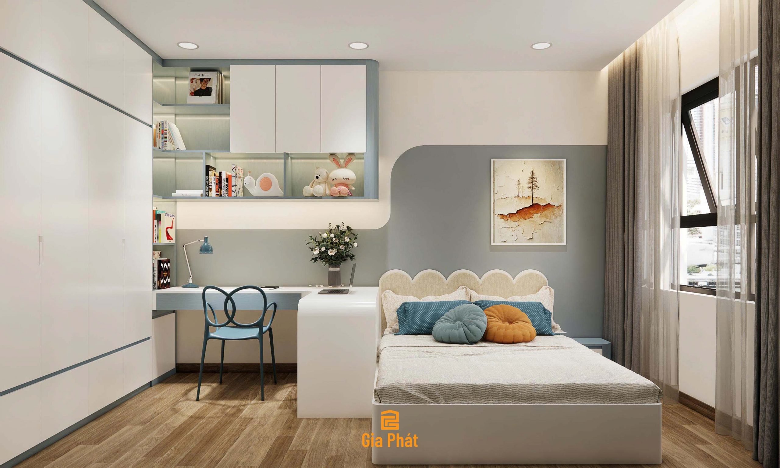 Thiết kế nội thất phòng ngủ tone xanh - Căn hộ chung cư nhà anh Quý