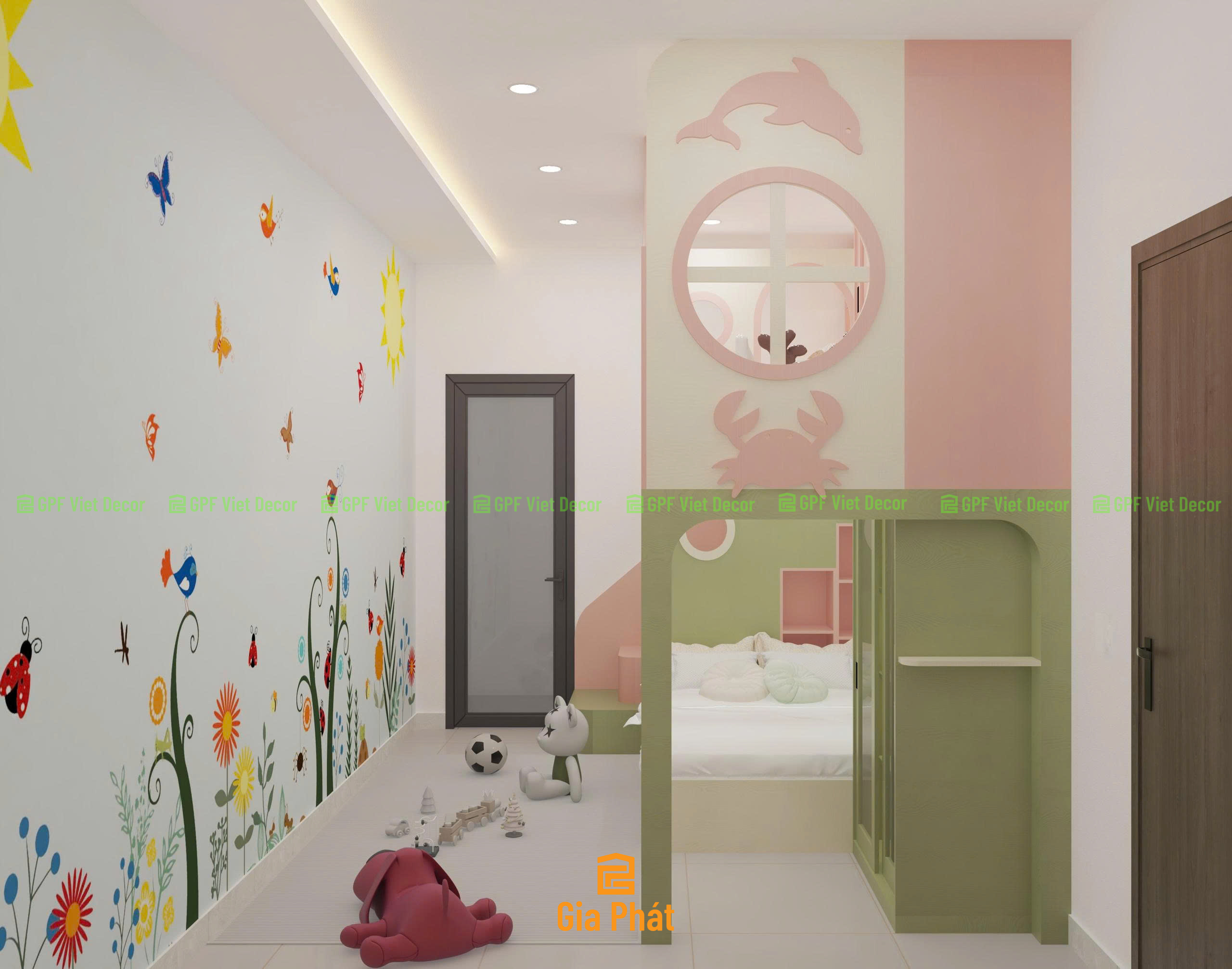 Phòng ngủ đôi cho bé trai và bé gái với giường tầng phân chia không gian