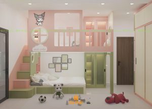 Phòng ngủ đôi cho bé trai và bé gái với giường tầng phân chia không gian