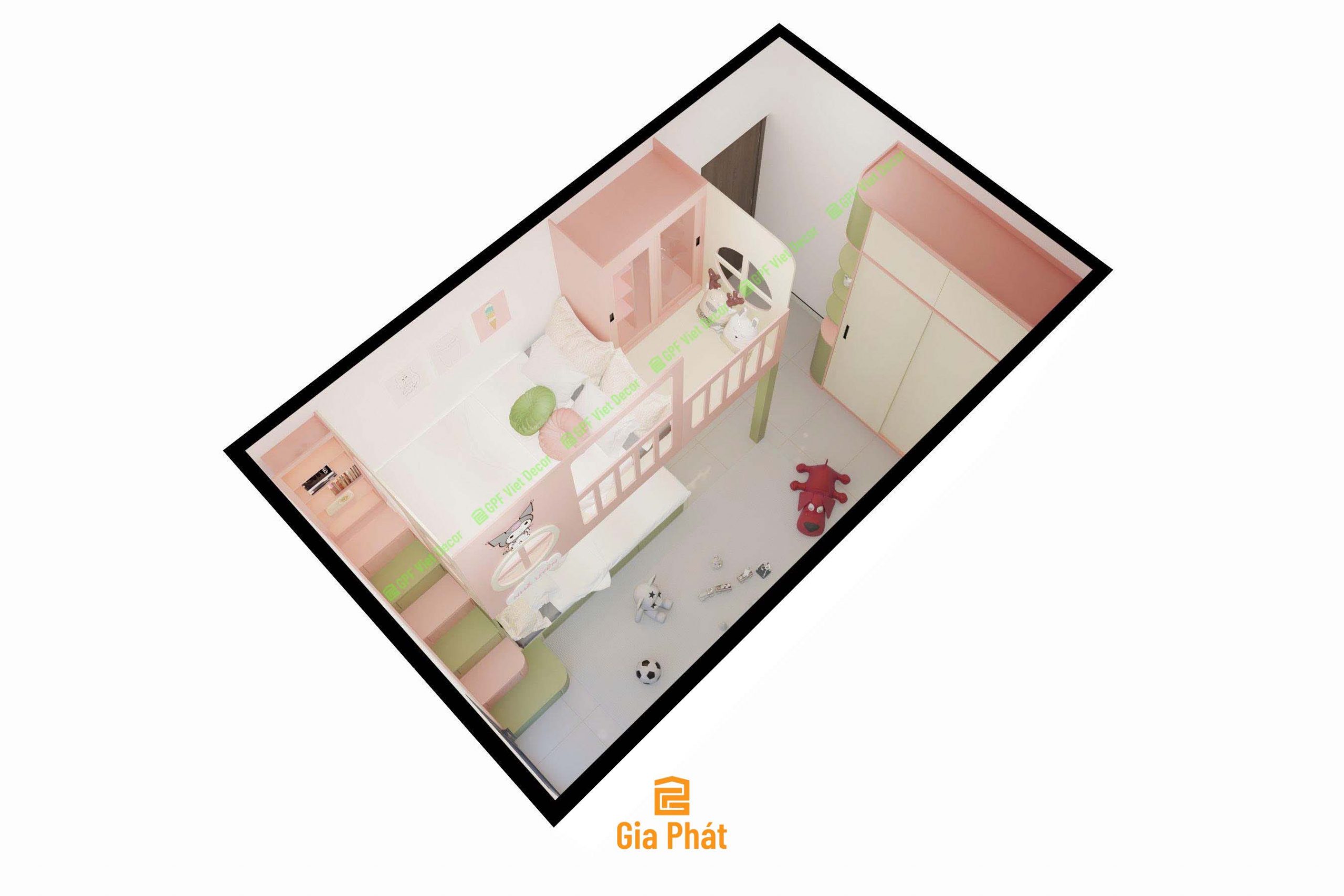 Phòng ngủ đôi cho bé trai và bé gái với giường tầng phân chia không gian