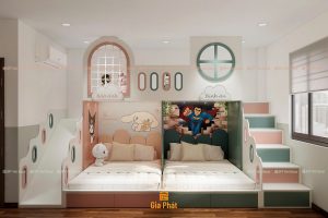 Phòng ngủ cho bé trai và bé gái vưới giường tầng hiện đại kết hợp cầu trượt