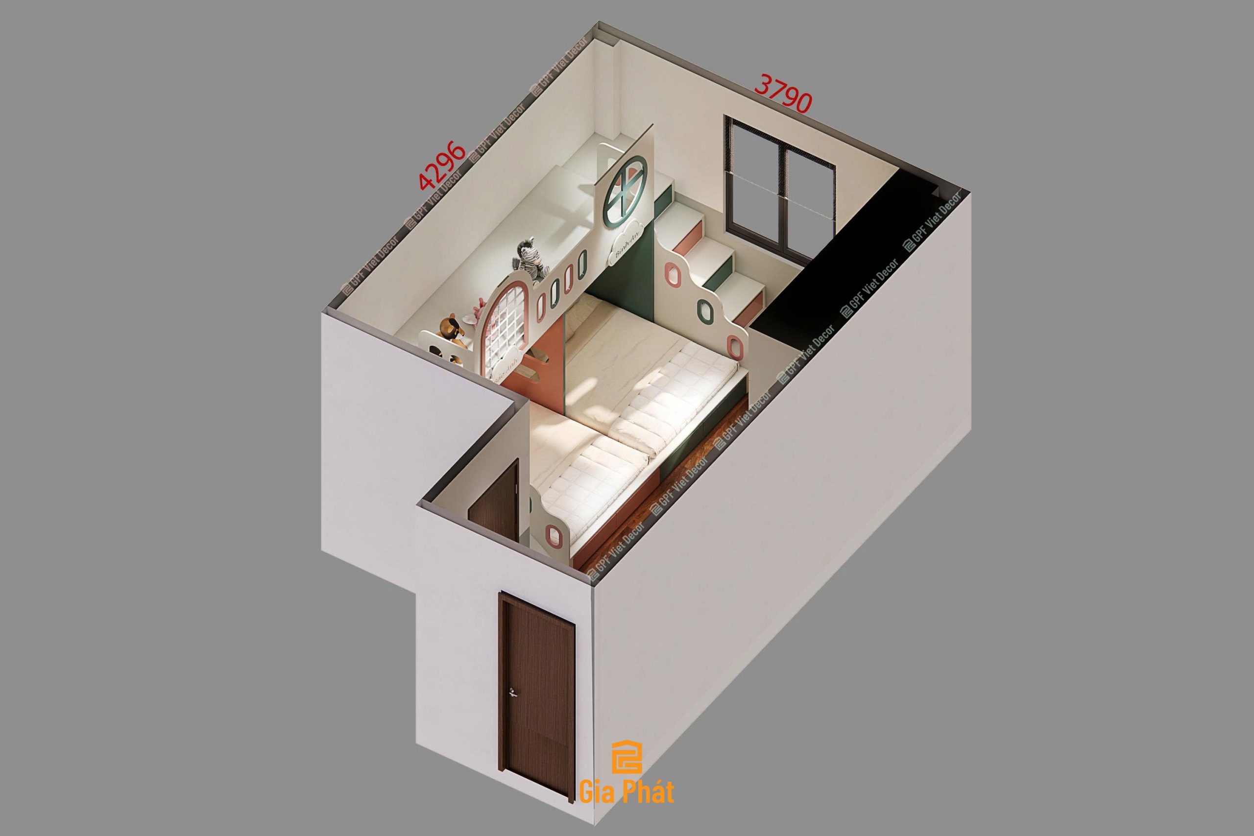 Phòng ngủ cho bé trai và bé gái vưới giường tầng hiện đại kết hợp cầu trượt