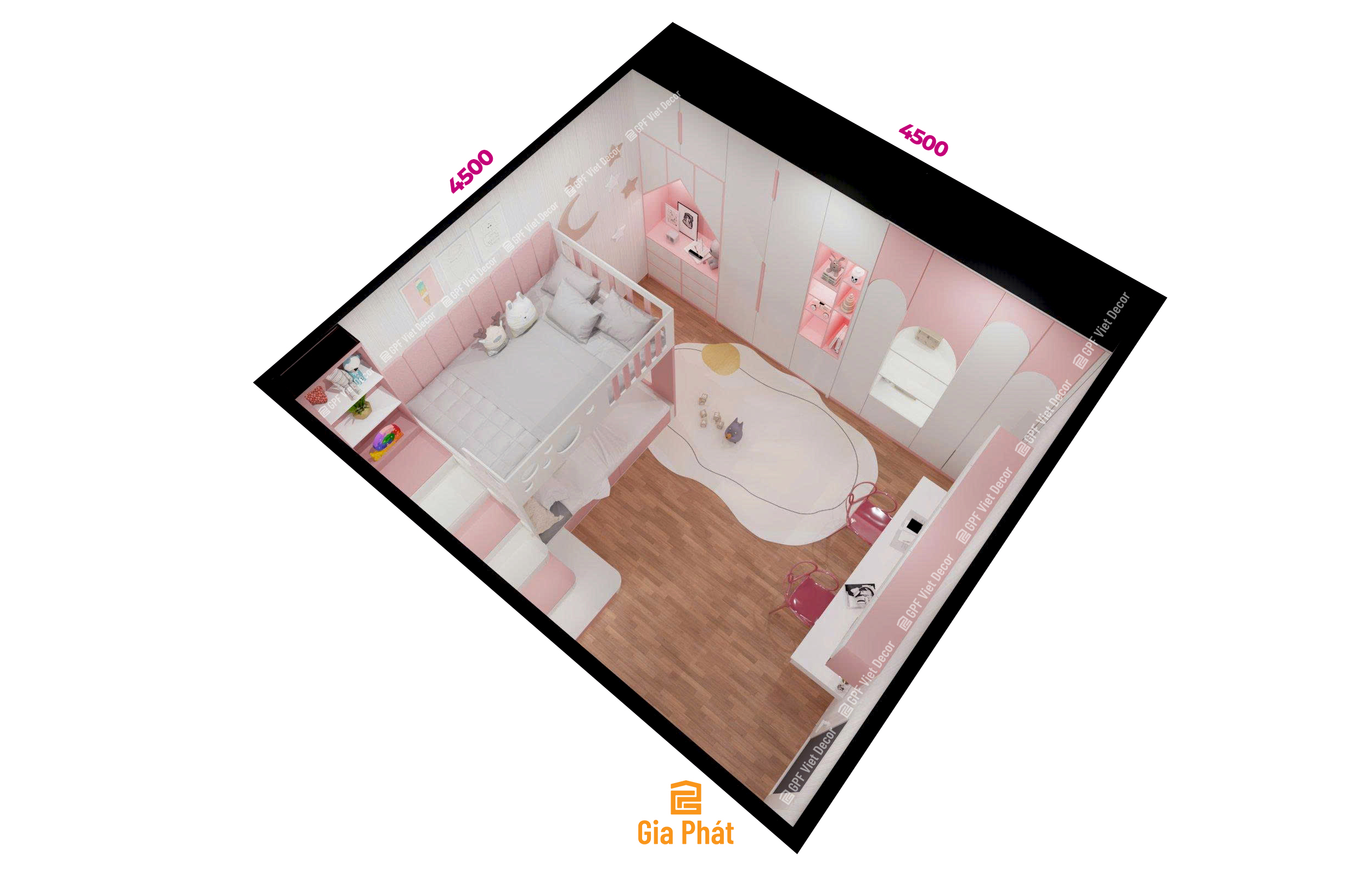 Phòng ngủ màu hồng dễ thương cho bé gái, nội thất giường tầng đa năng