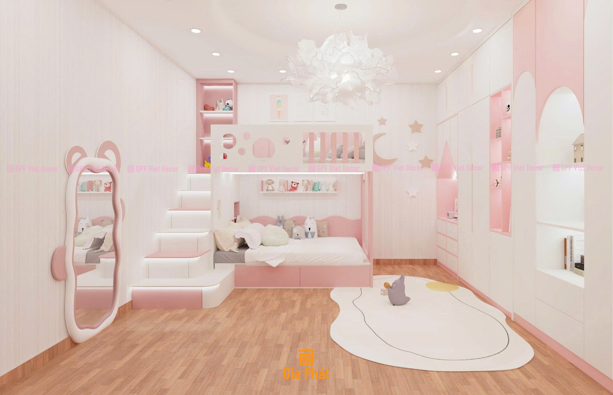 Phòng ngủ màu hồng dễ thương cho bé gái, nội thất giường tầng đa năng