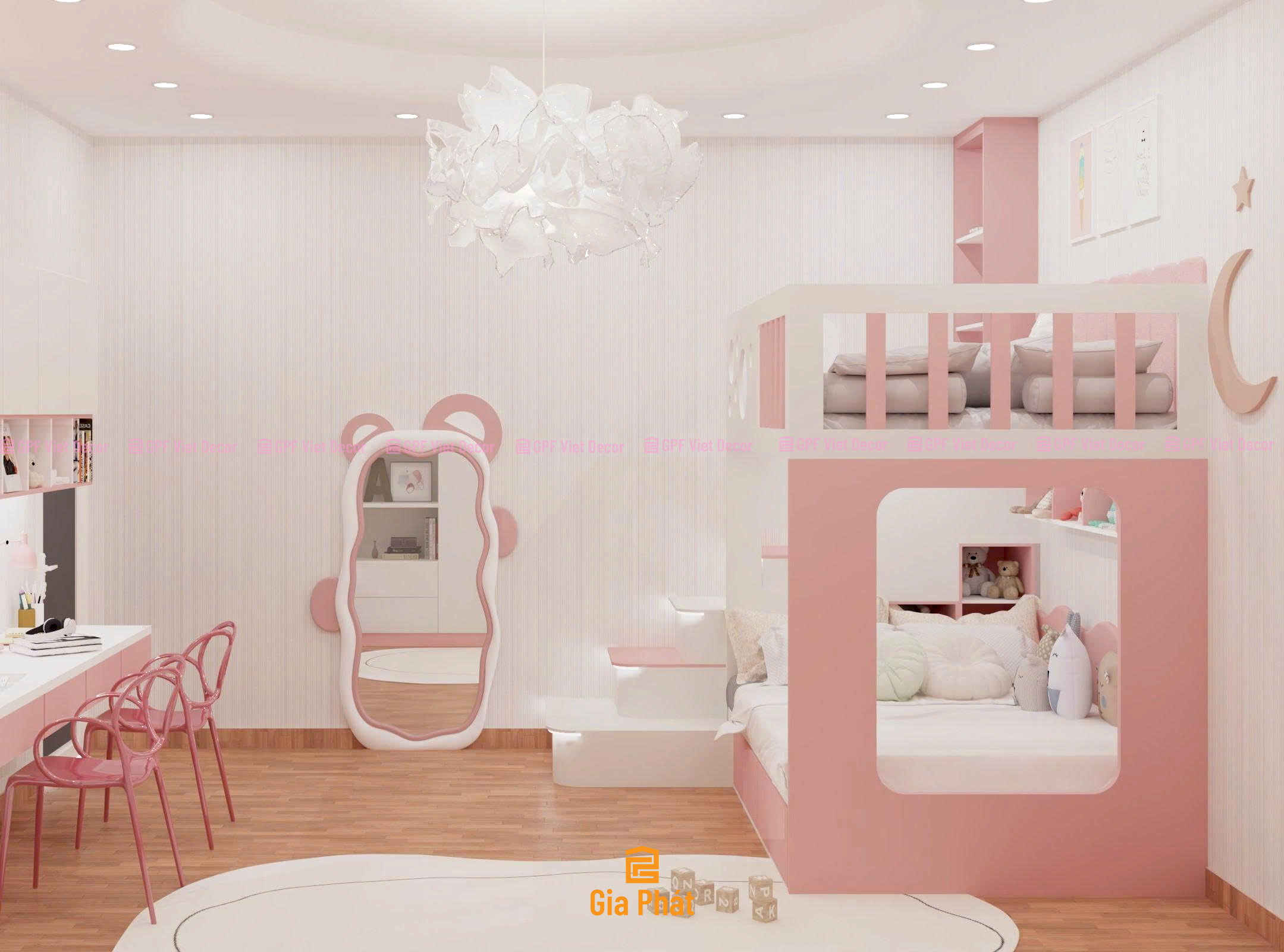 Phòng ngủ màu hồng dễ thương cho bé gái, nội thất giường tầng đa năng