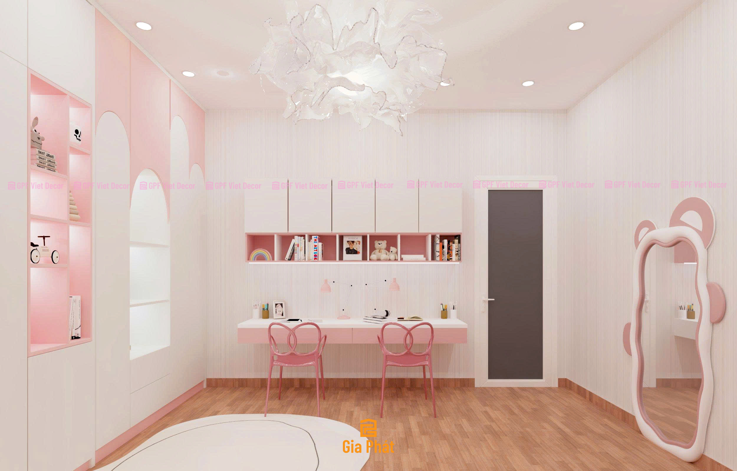 Phòng ngủ màu hồng dễ thương cho bé gái, nội thất giường tầng đa năng