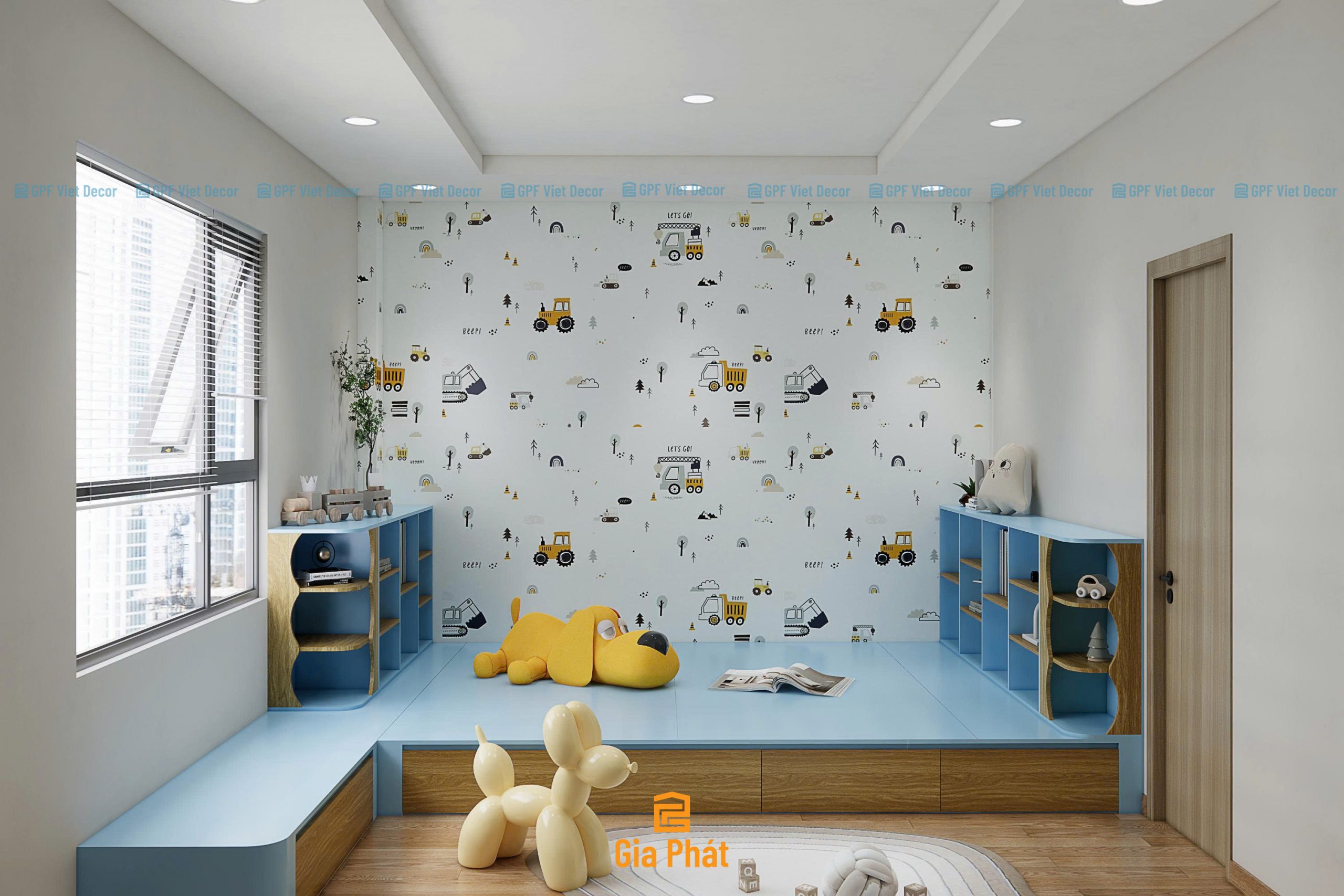 Thiết kế phòng ngủ tone xanh dương tươi mới cho bé trai