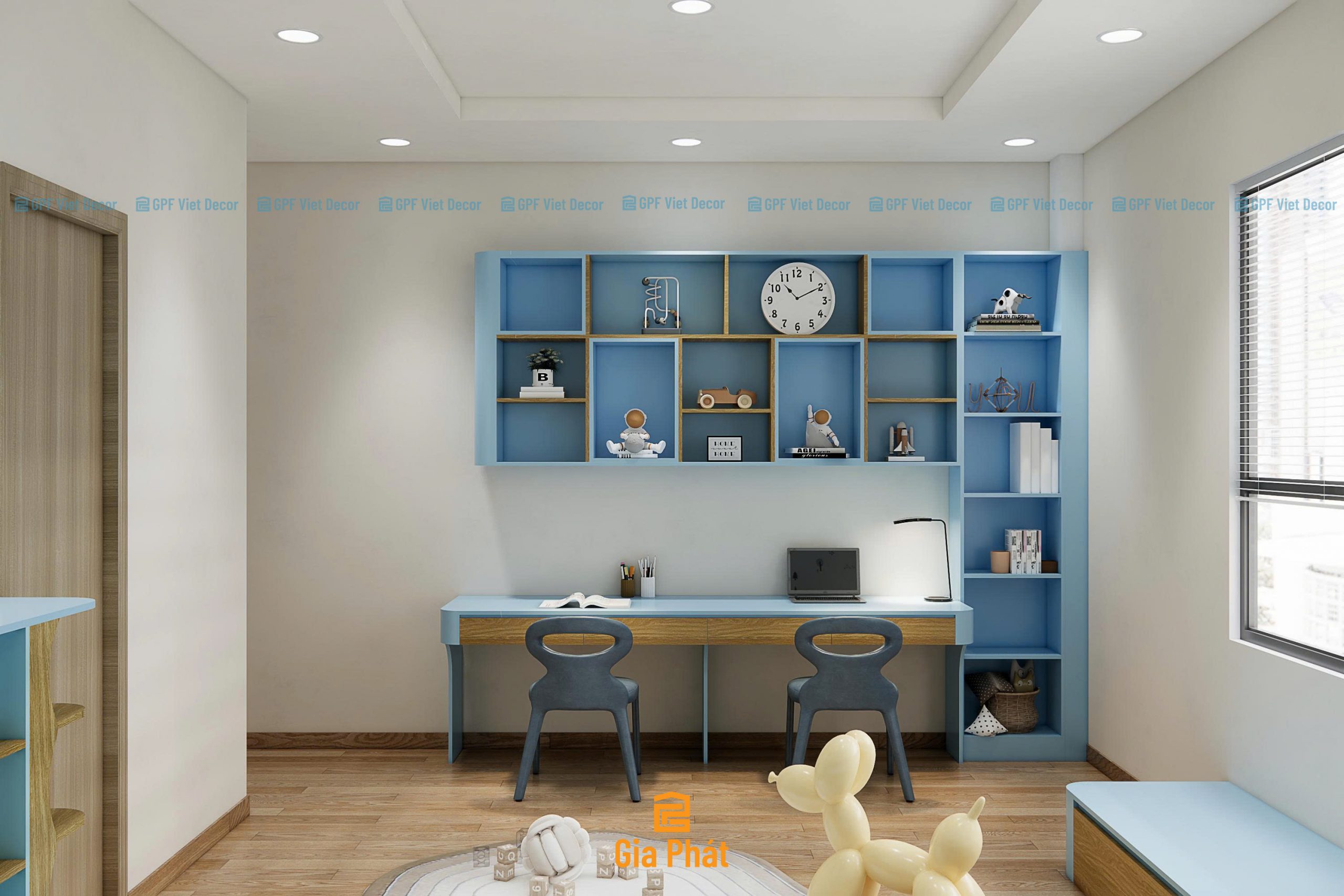 Thiết kế phòng ngủ tone xanh dương tươi mới cho bé trai