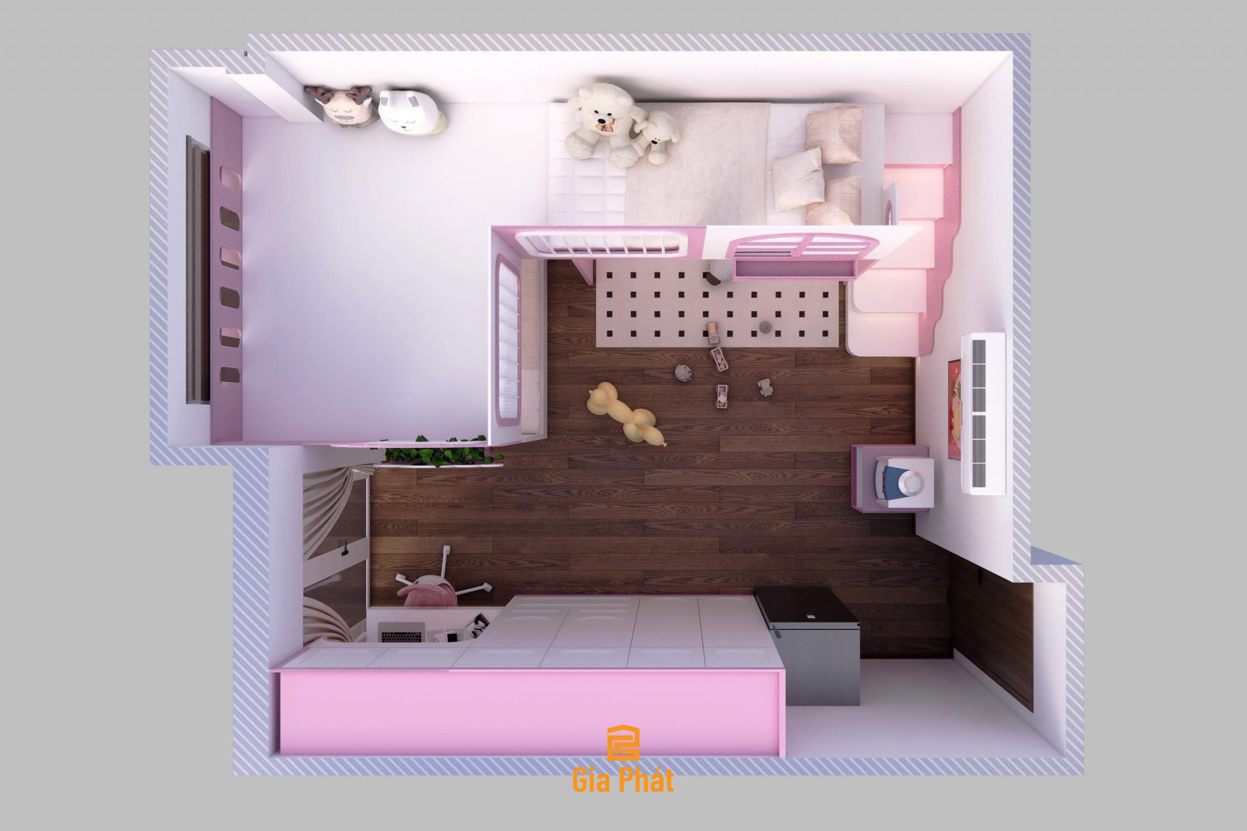 Phòng ngủ cho 2 bé gái tone hồng dễ thương