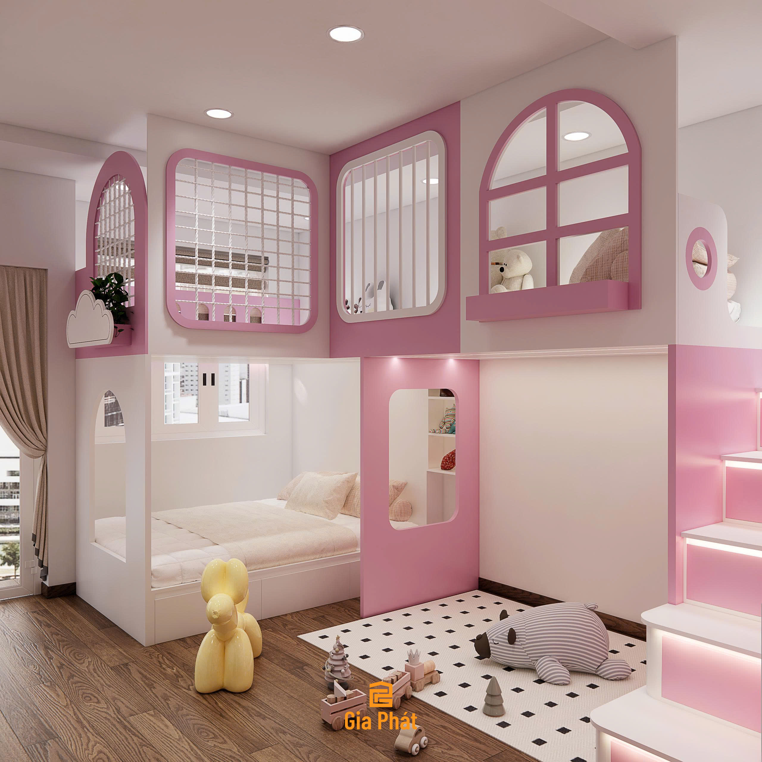 Phòng ngủ cho 2 bé gái tone hồng dễ thương