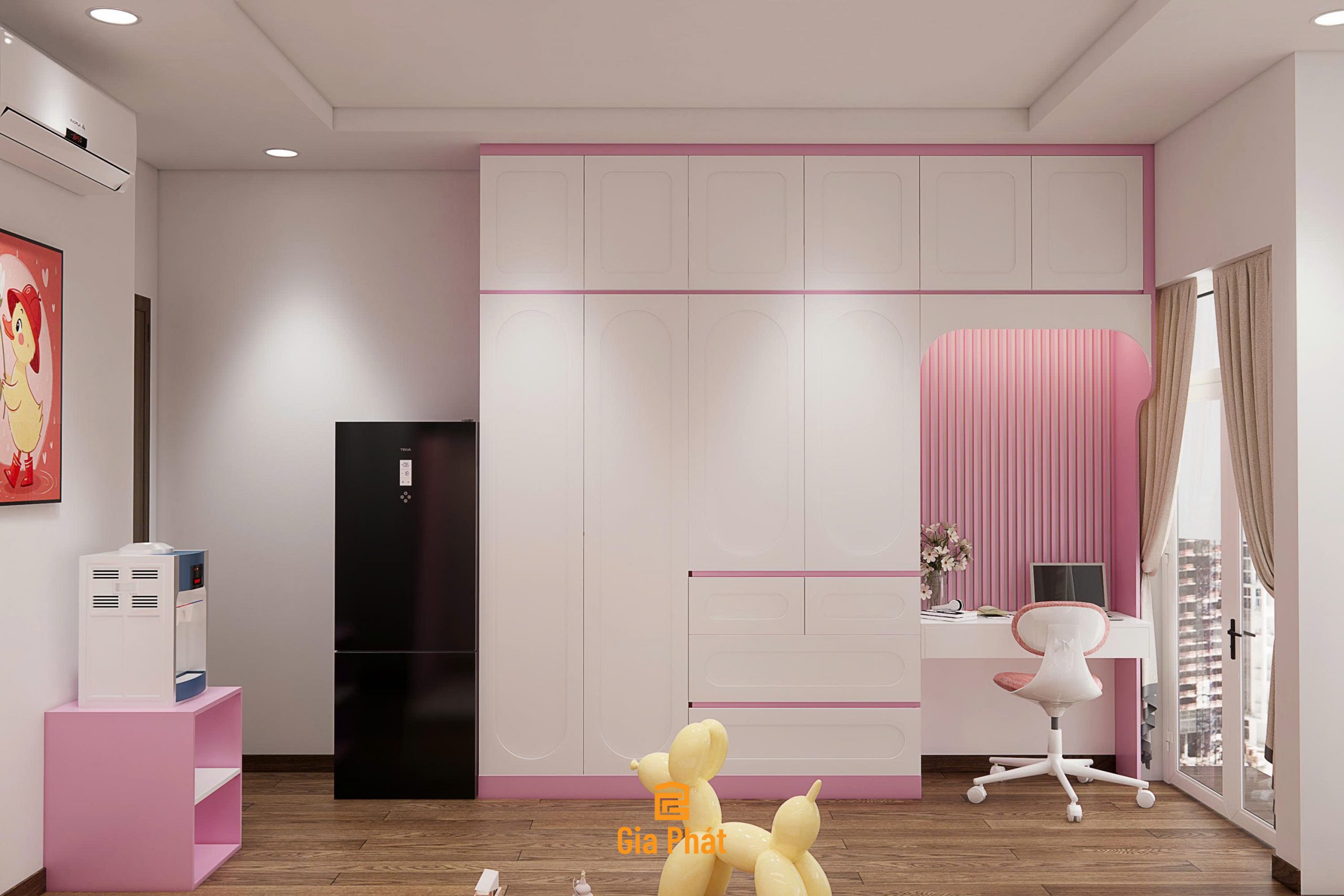 Phòng ngủ cho 2 bé gái tone hồng dễ thương