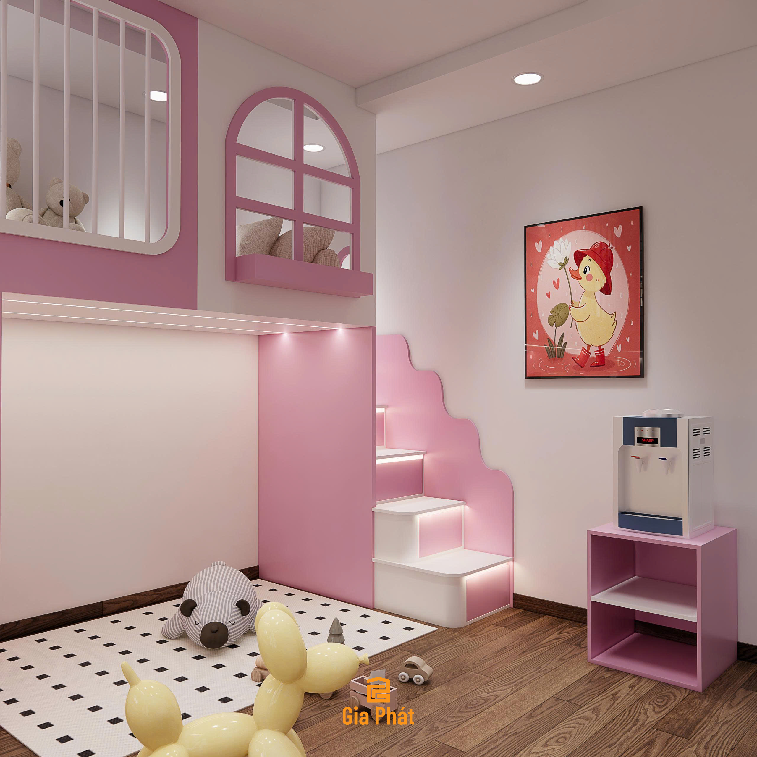 Phòng ngủ cho 2 bé gái tone hồng dễ thương