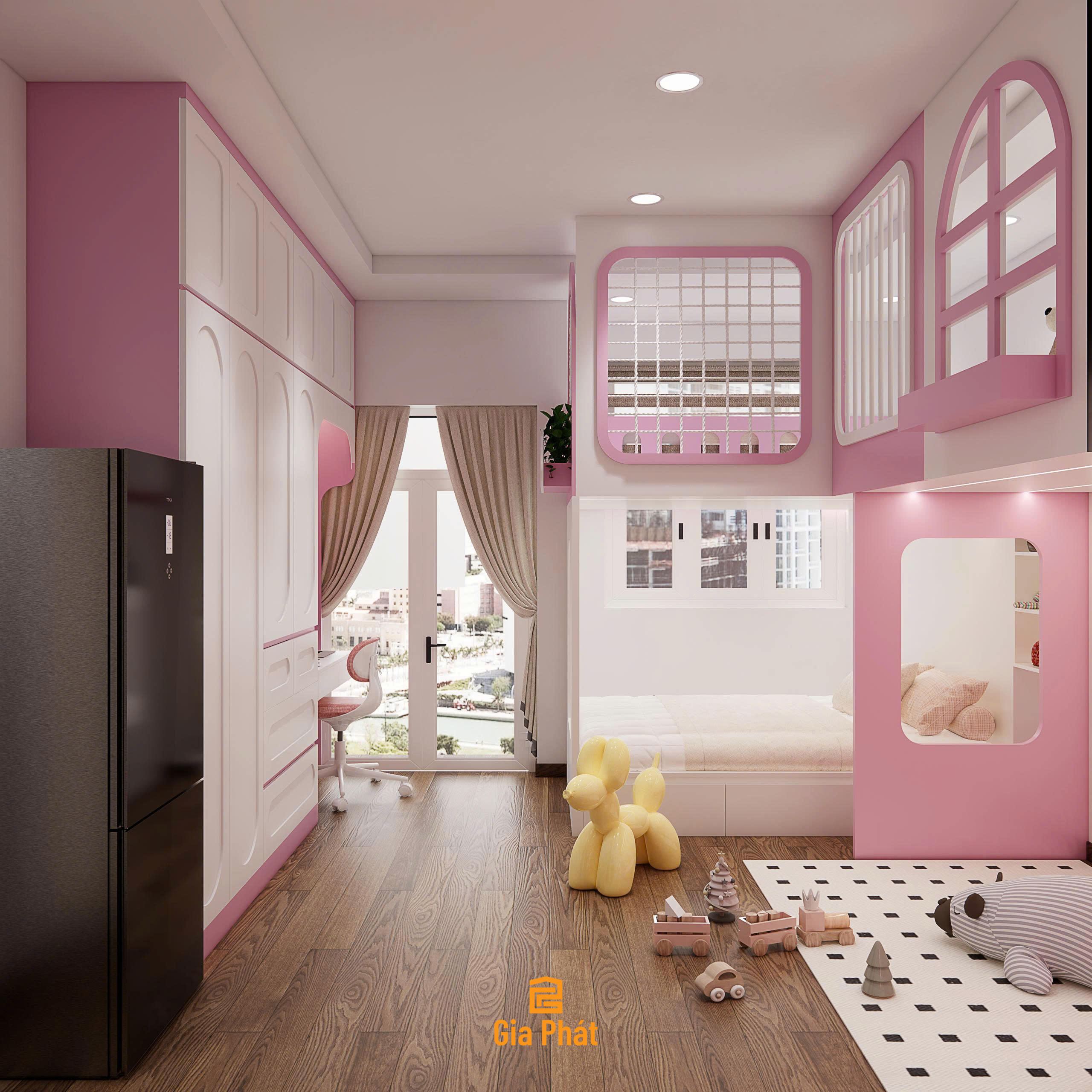 Phòng ngủ cho 2 bé gái tone hồng dễ thương