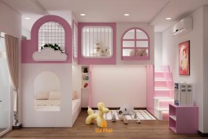 Phòng ngủ cho 2 bé gái tone hồng dễ thương