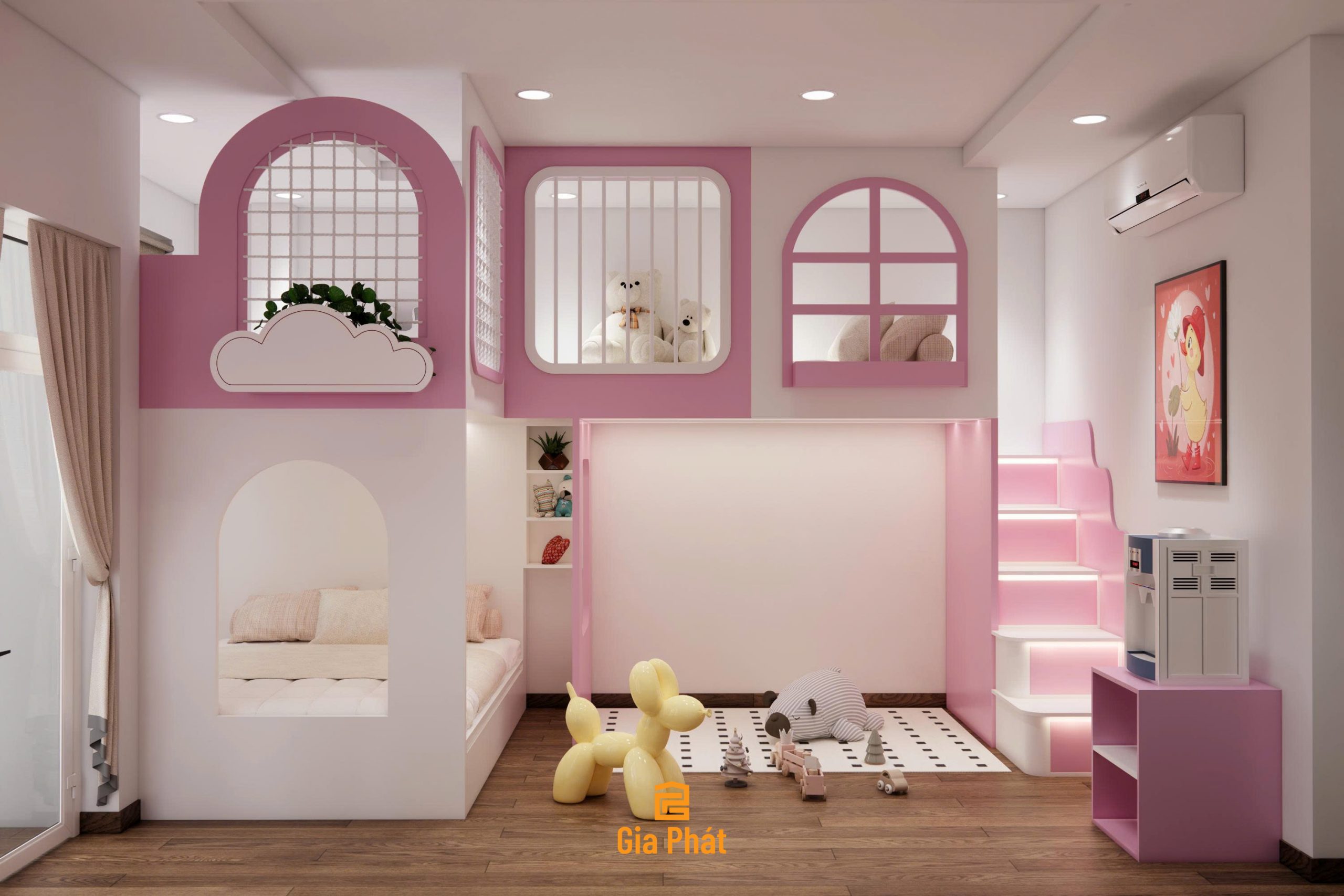 Phòng ngủ cho 2 bé gái tone hồng dễ thương