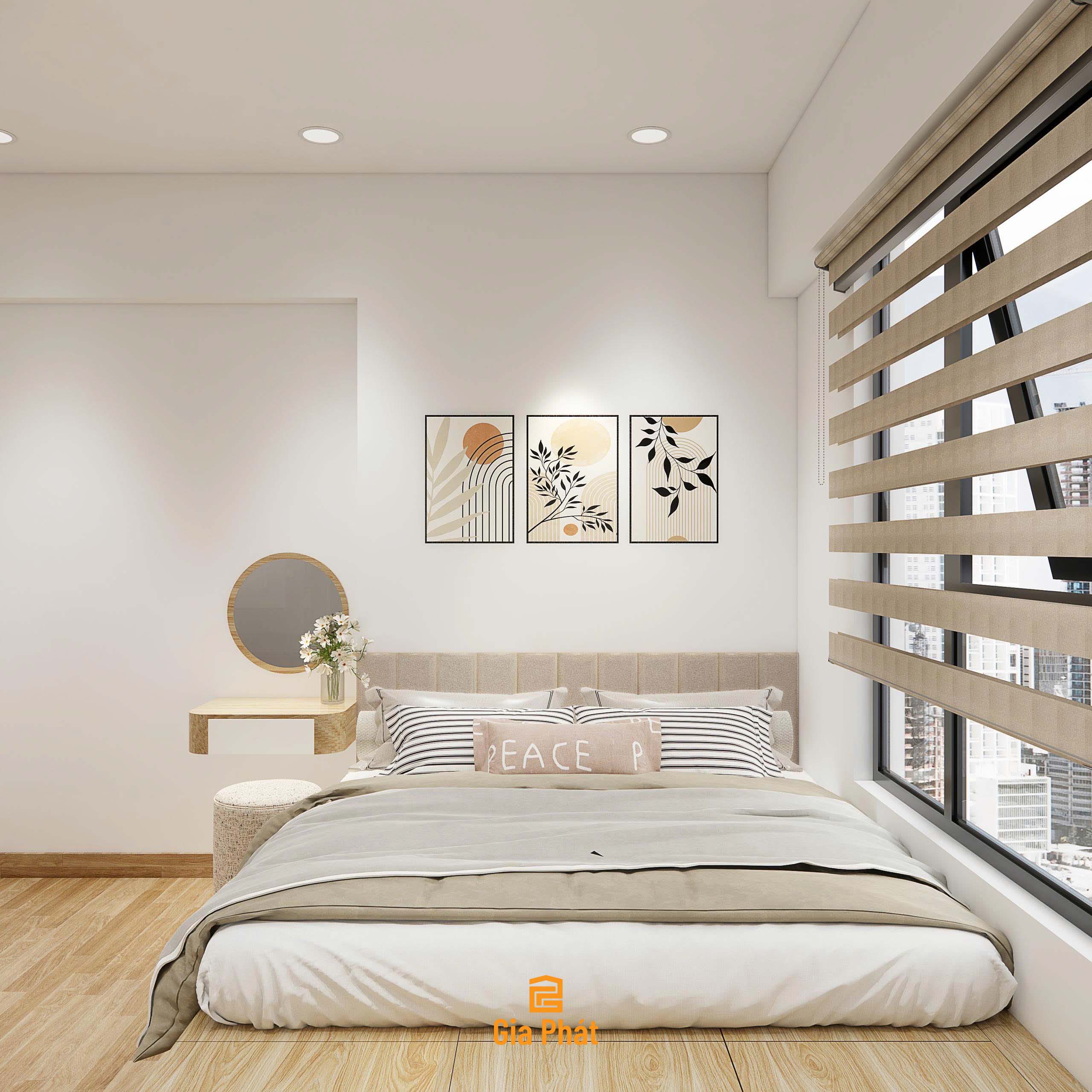 Phòng ngủ thiết kế đơn giản với giường sàn và bàn trang điểm gắn tường