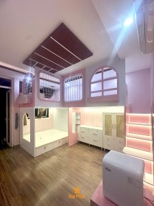 Phòng ngủ cho bé gái màu hồng dễ thương có giường tầng