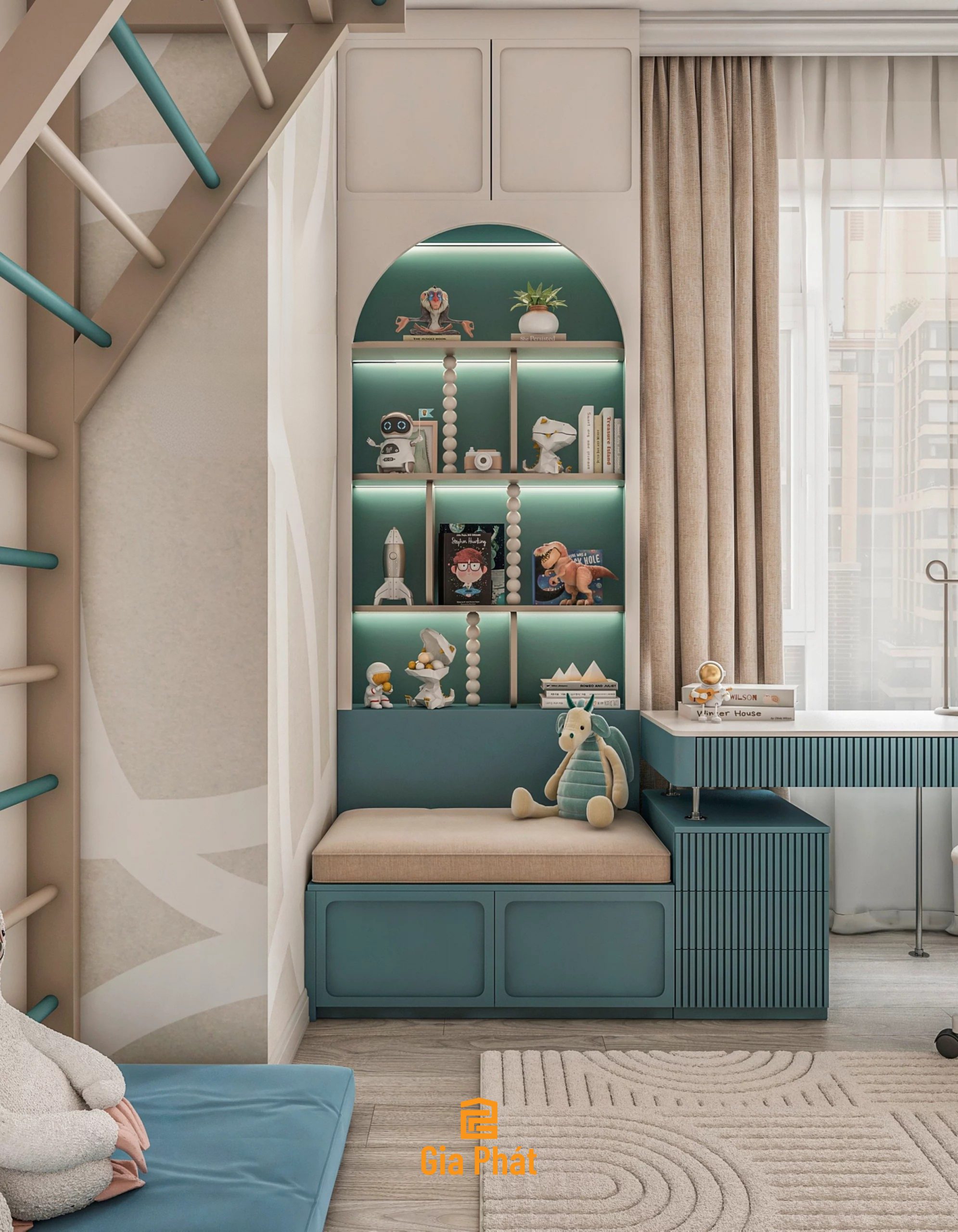 Phòng ngủ cho 2 bé với giường tầng kết hợp khu vui chơi ngay tại nhà