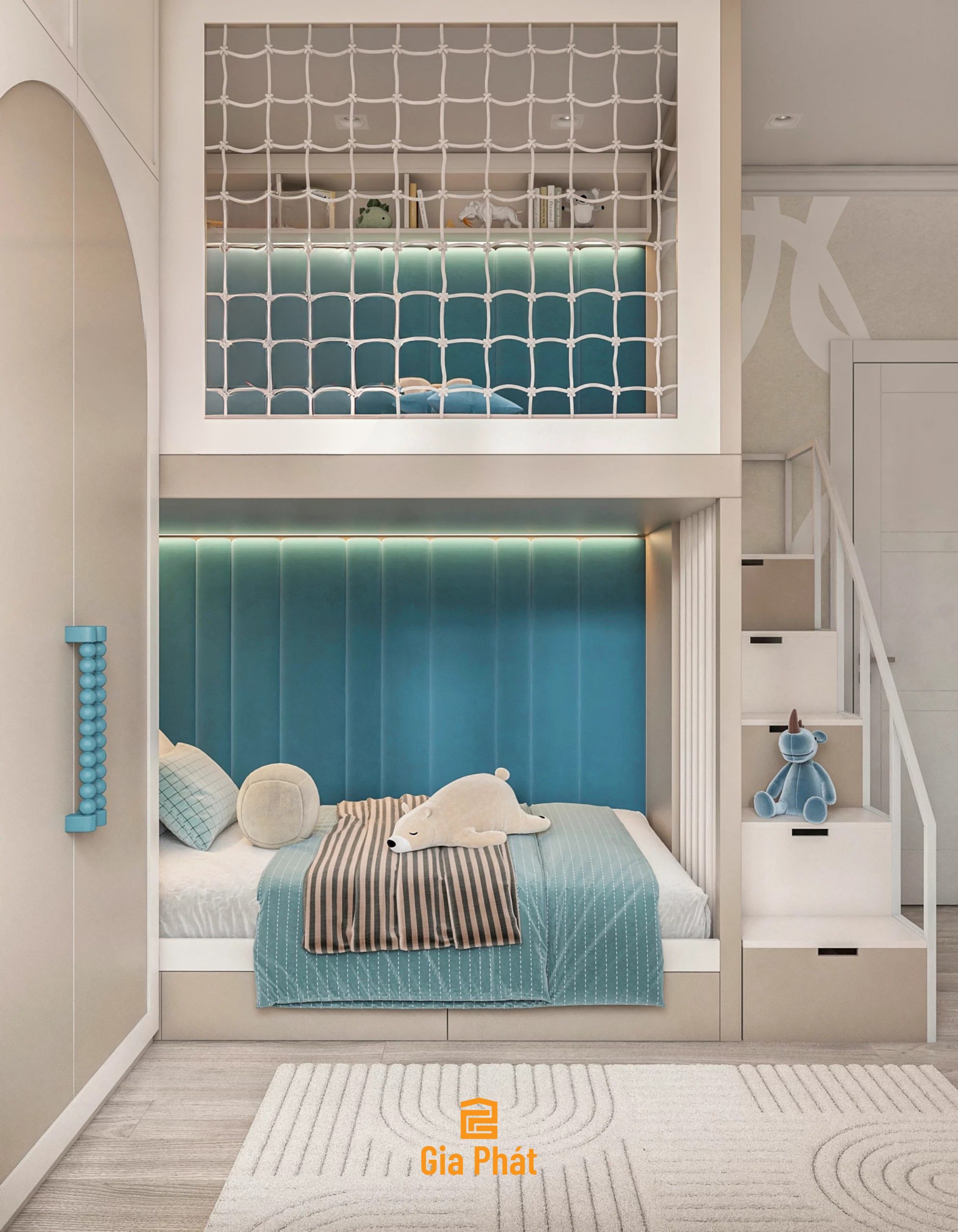 Phòng ngủ cho 2 bé với giường tầng kết hợp khu vui chơi ngay tại nhà