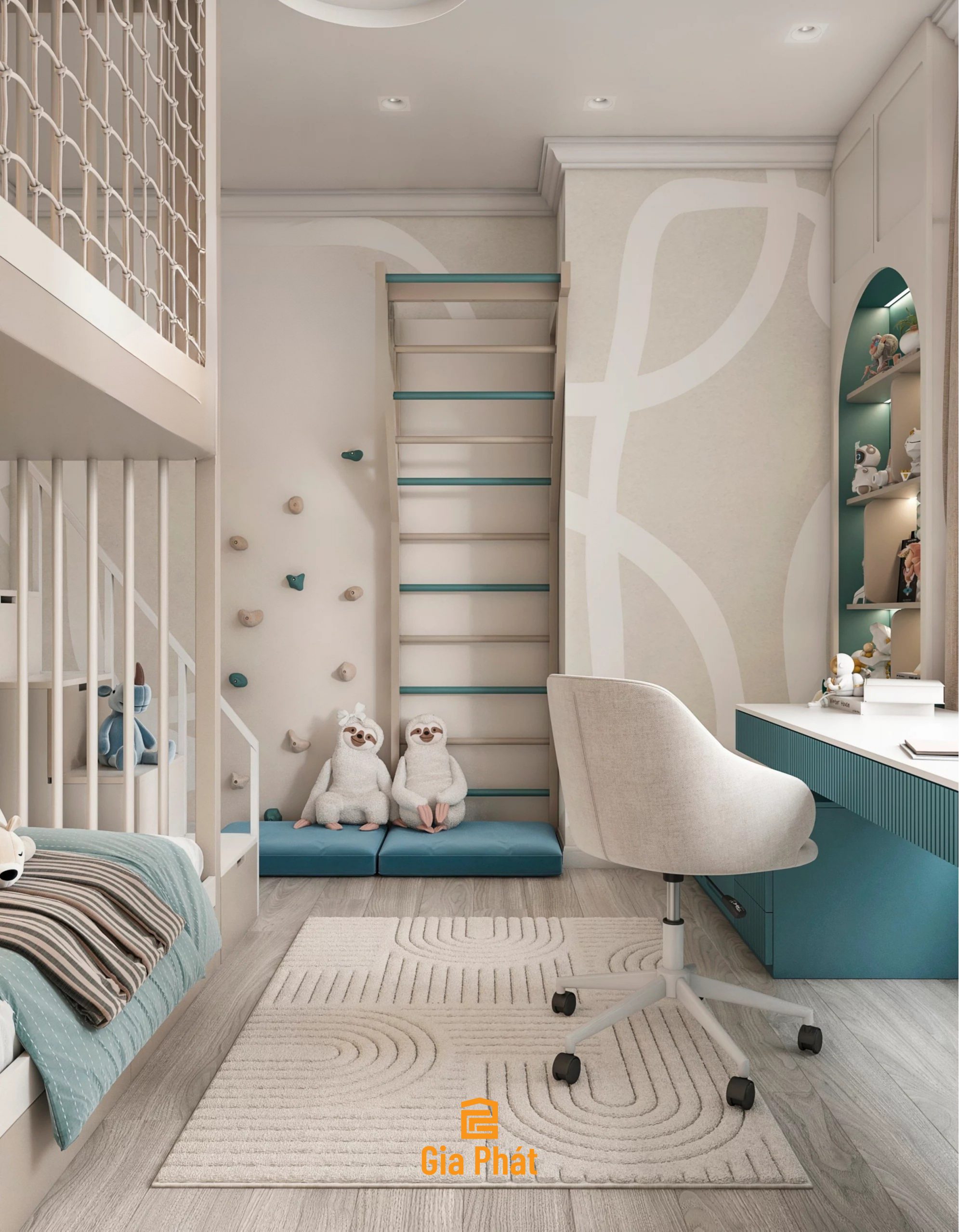 Phòng ngủ cho 2 bé với giường tầng kết hợp khu vui chơi ngay tại nhà