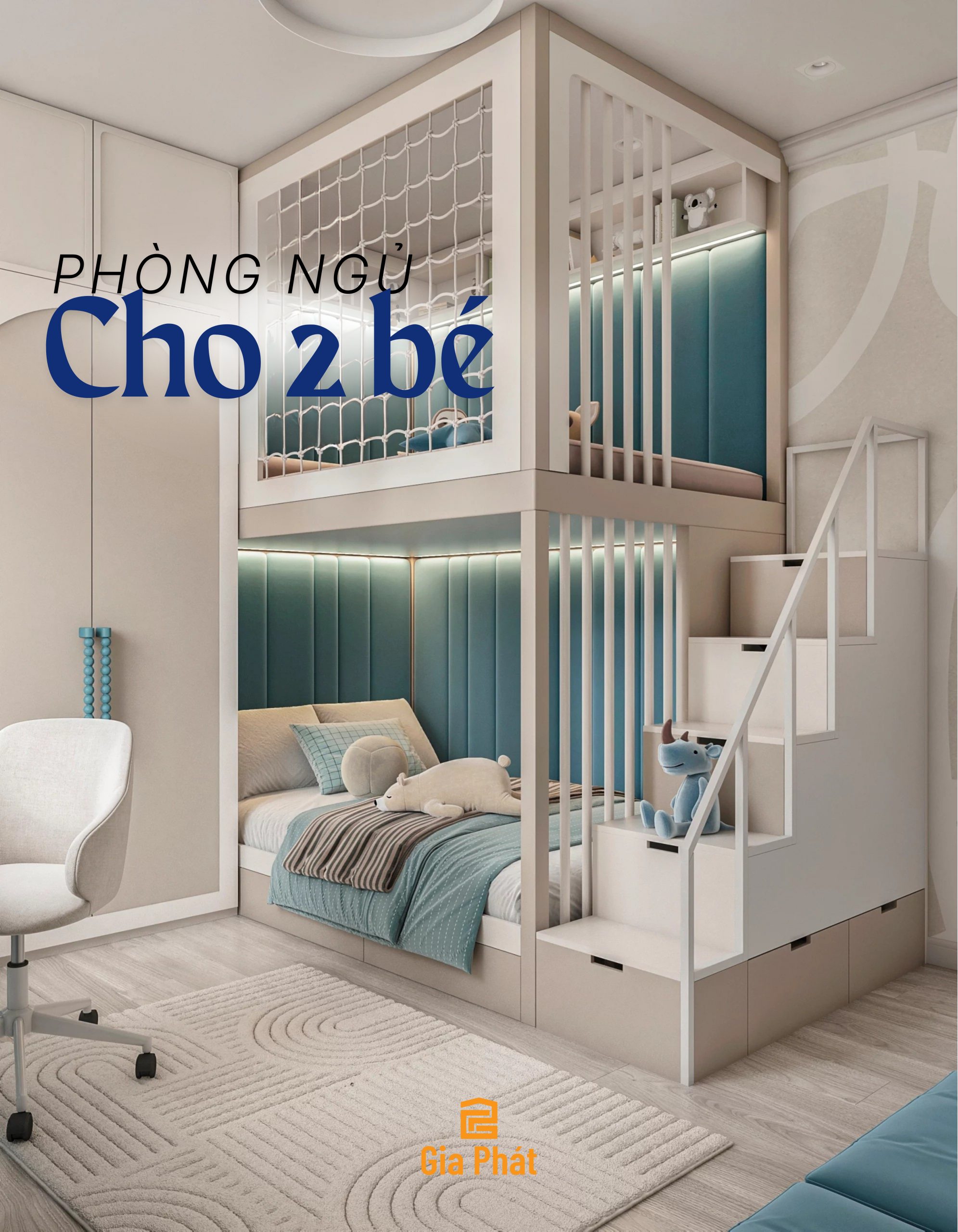 Phòng ngủ cho 2 bé với giường tầng kết hợp khu vui chơi ngay tại nhà