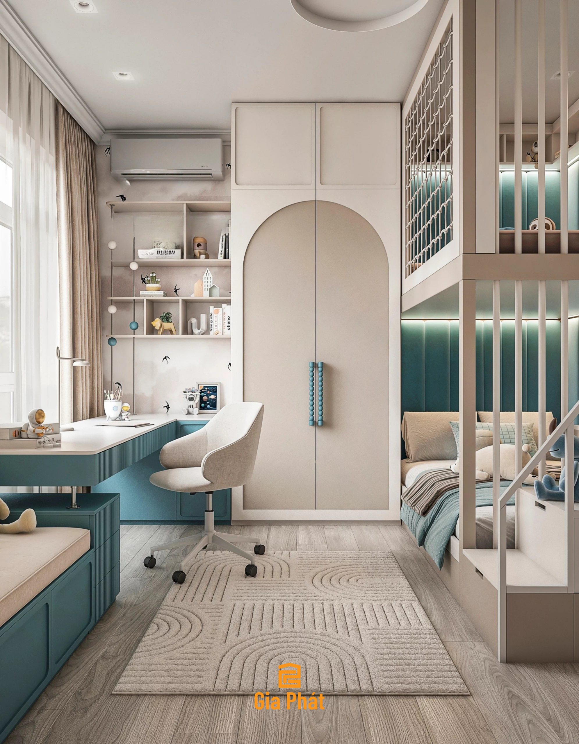 Phòng ngủ cho 2 bé với giường tầng kết hợp khu vui chơi ngay tại nhà