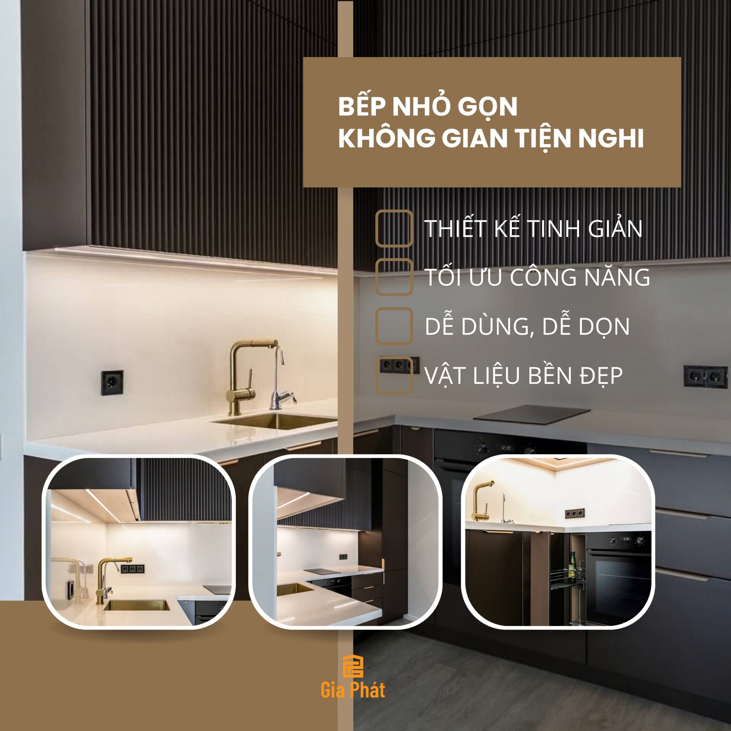 Tủ bếp nhỏ gọn và hiện đại làm bằng gỗ công nghiệp