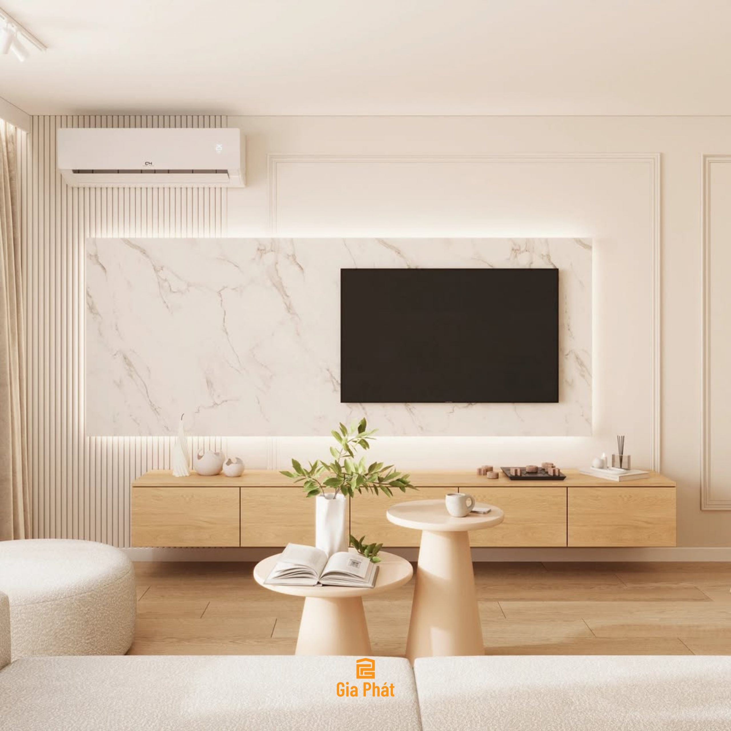 Thiết kế phòng khách bếp mở tone gỗ sáng phong cách hiện đại