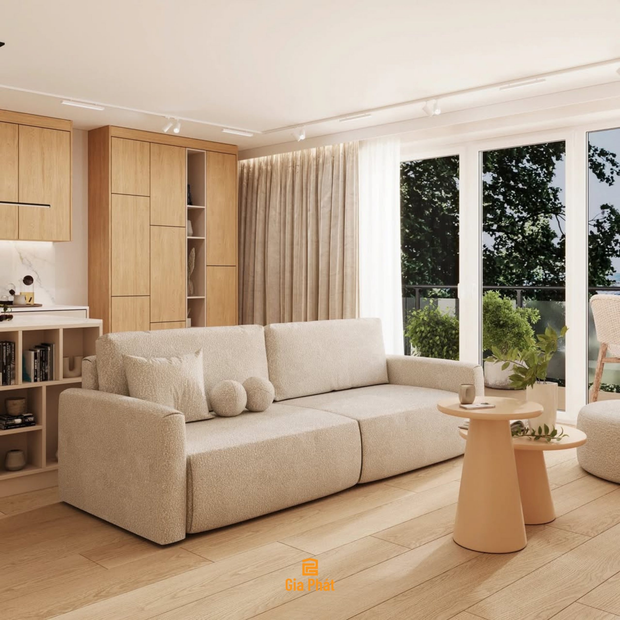 Thiết kế phòng khách bếp mở tone gỗ sáng phong cách hiện đại