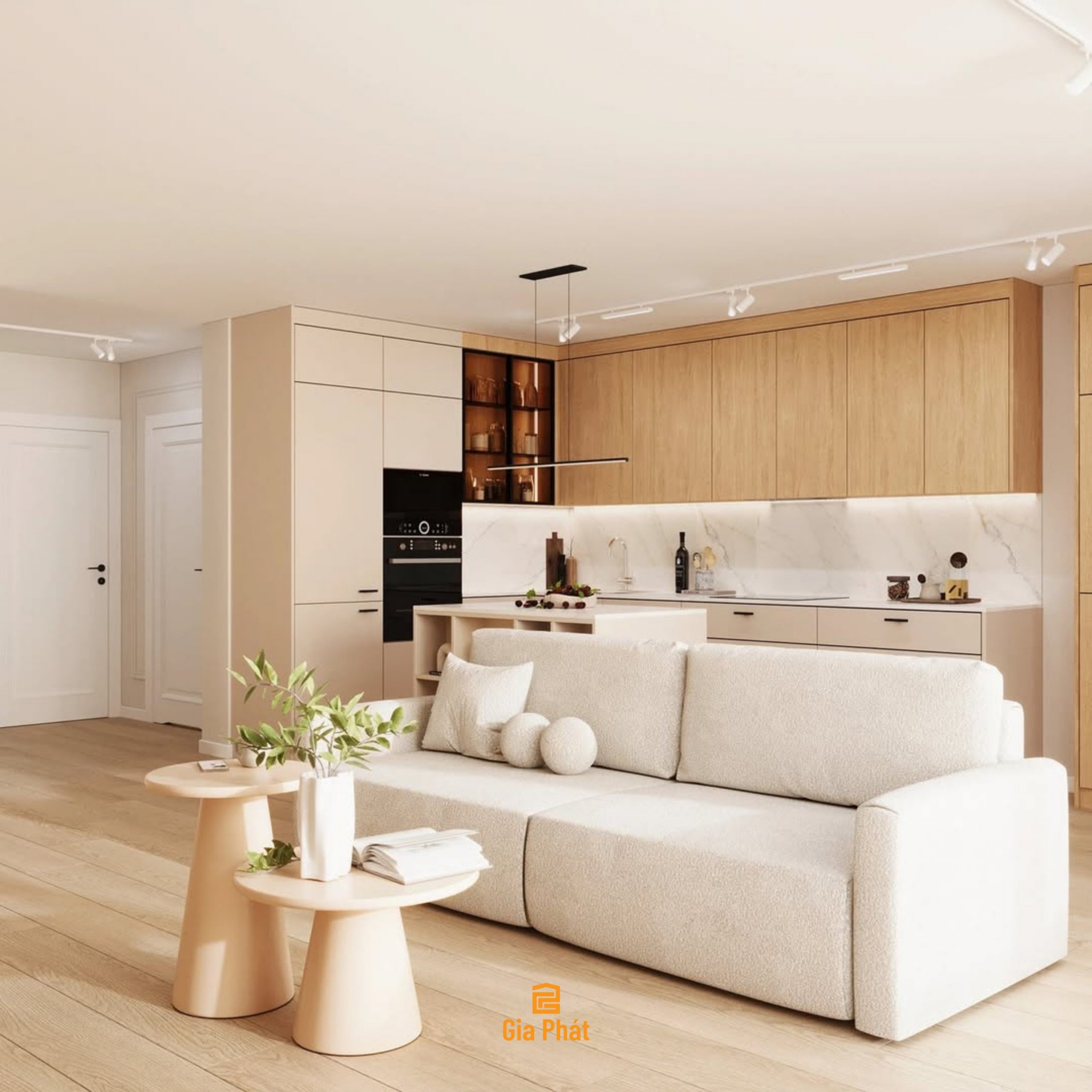 Thiết kế phòng khách bếp mở tone gỗ sáng phong cách hiện đại