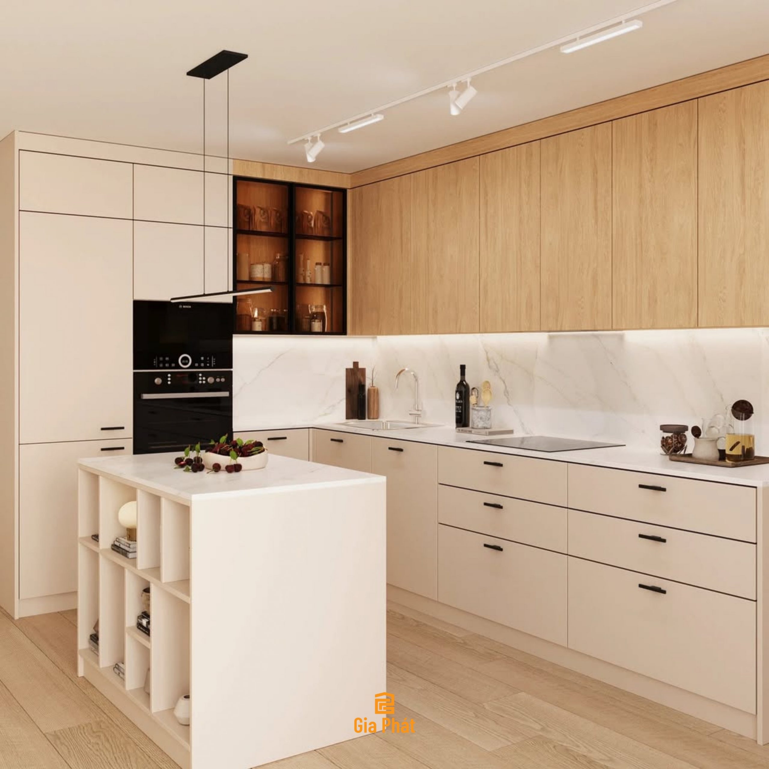 Thiết kế phòng khách bếp mở tone gỗ sáng phong cách hiện đại