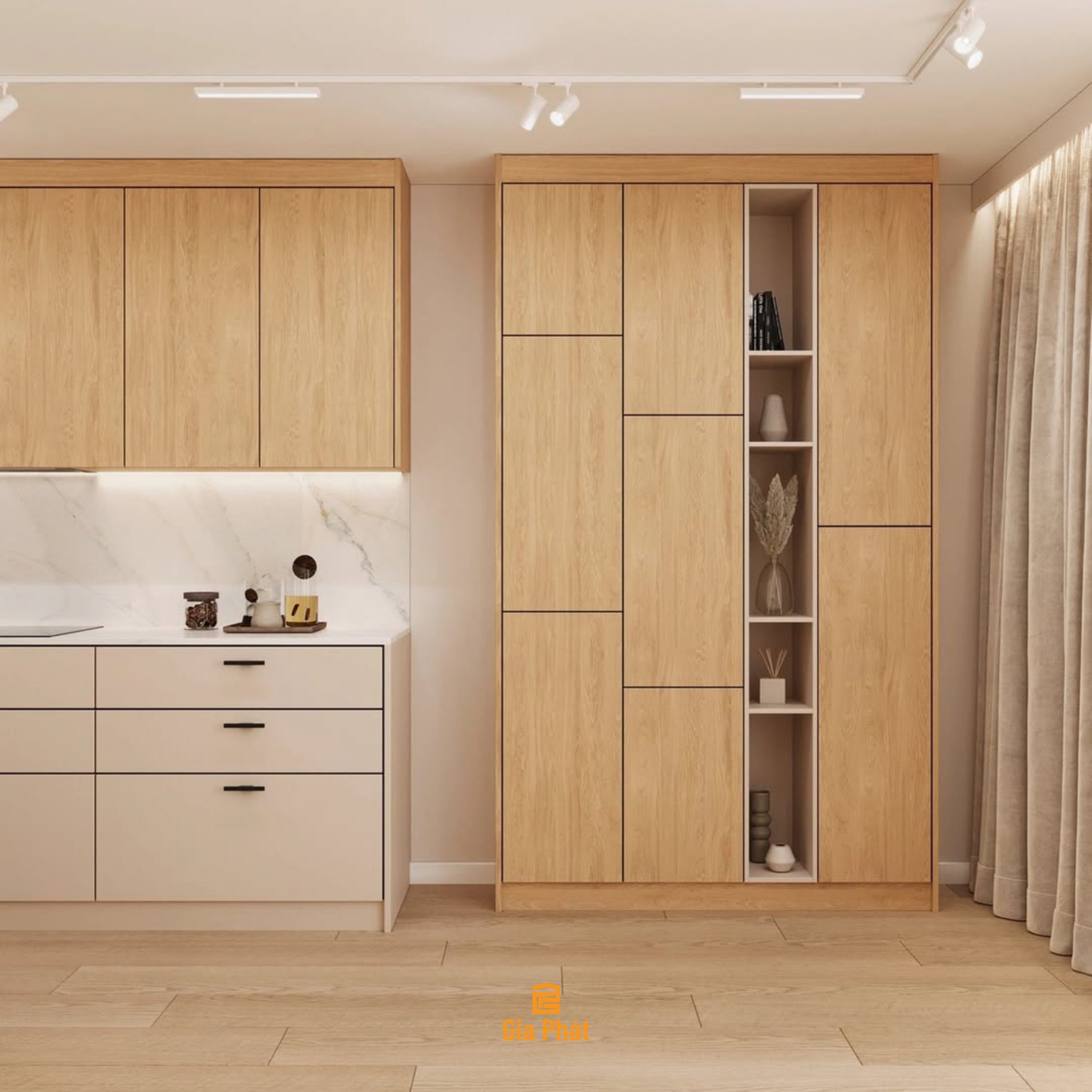 Thiết kế phòng khách bếp mở tone gỗ sáng phong cách hiện đại