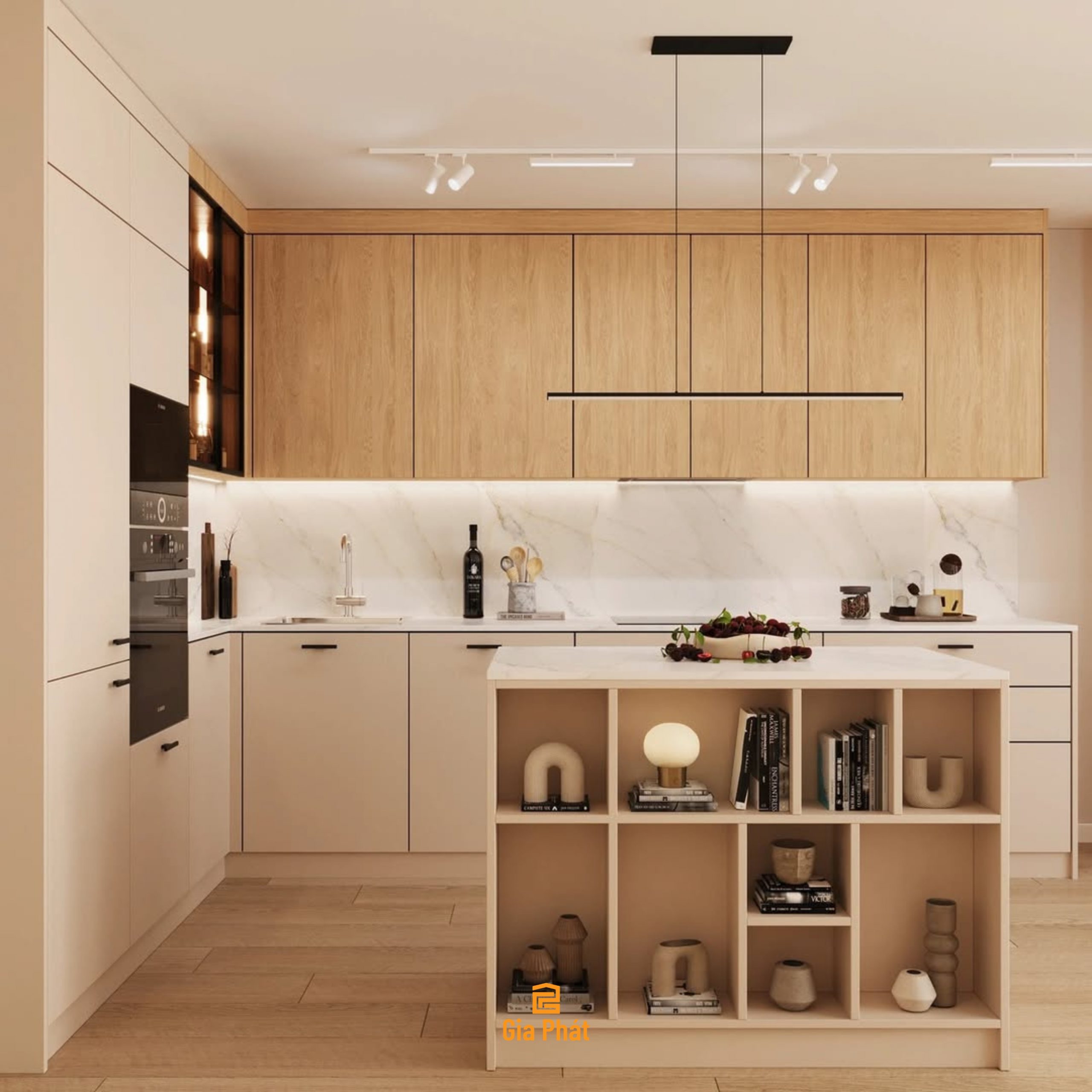 Thiết kế phòng khách bếp mở tone gỗ sáng phong cách hiện đại