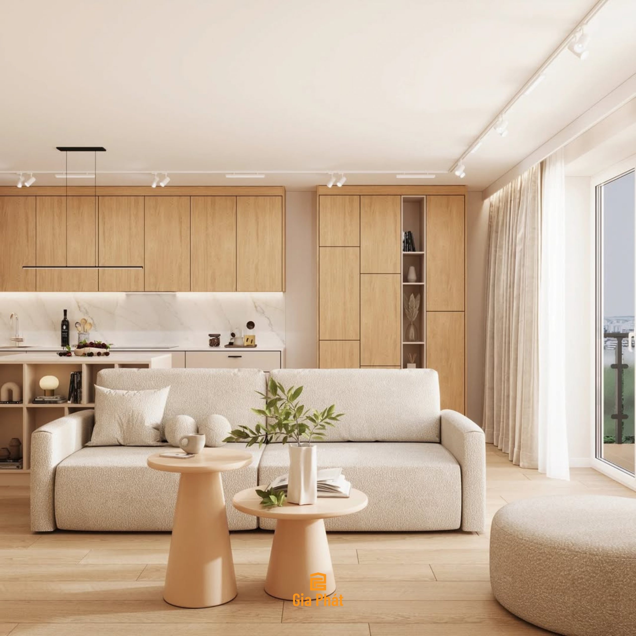 Thiết kế phòng khách bếp mở tone gỗ sáng phong cách hiện đại