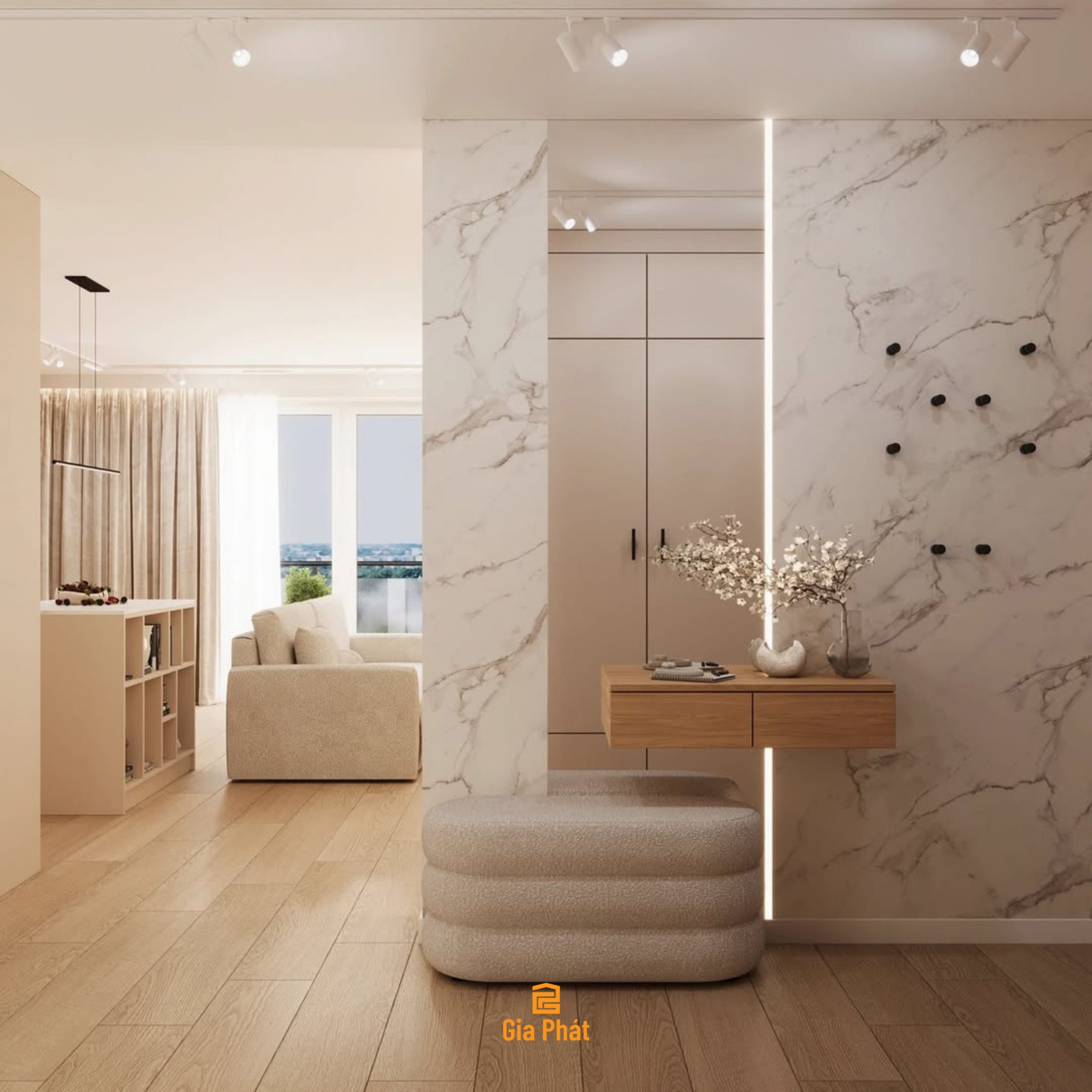 Thiết kế phòng khách bếp mở tone gỗ sáng phong cách hiện đại