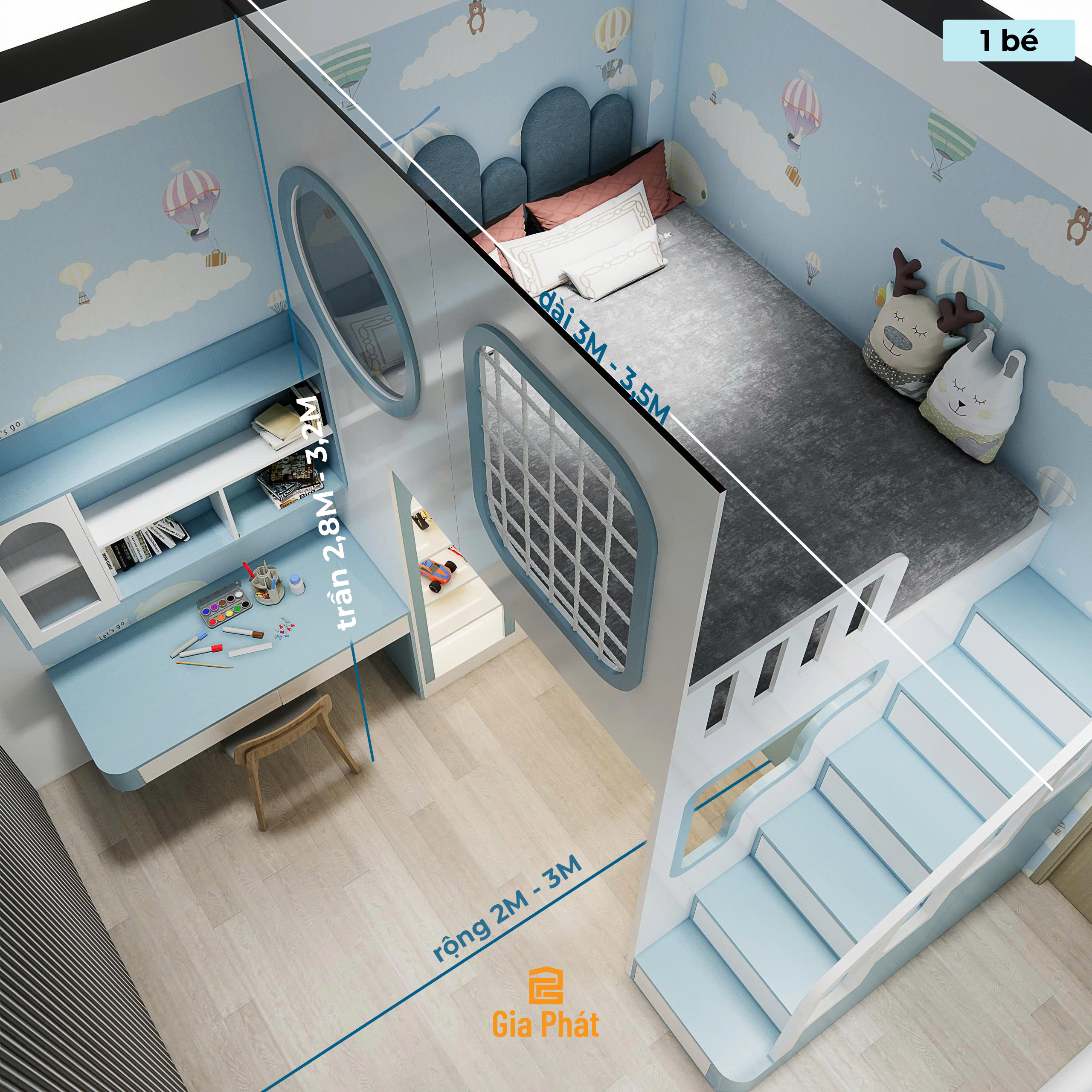 Phòng ngủ bé trai 10m2 tone xanh hiện đại