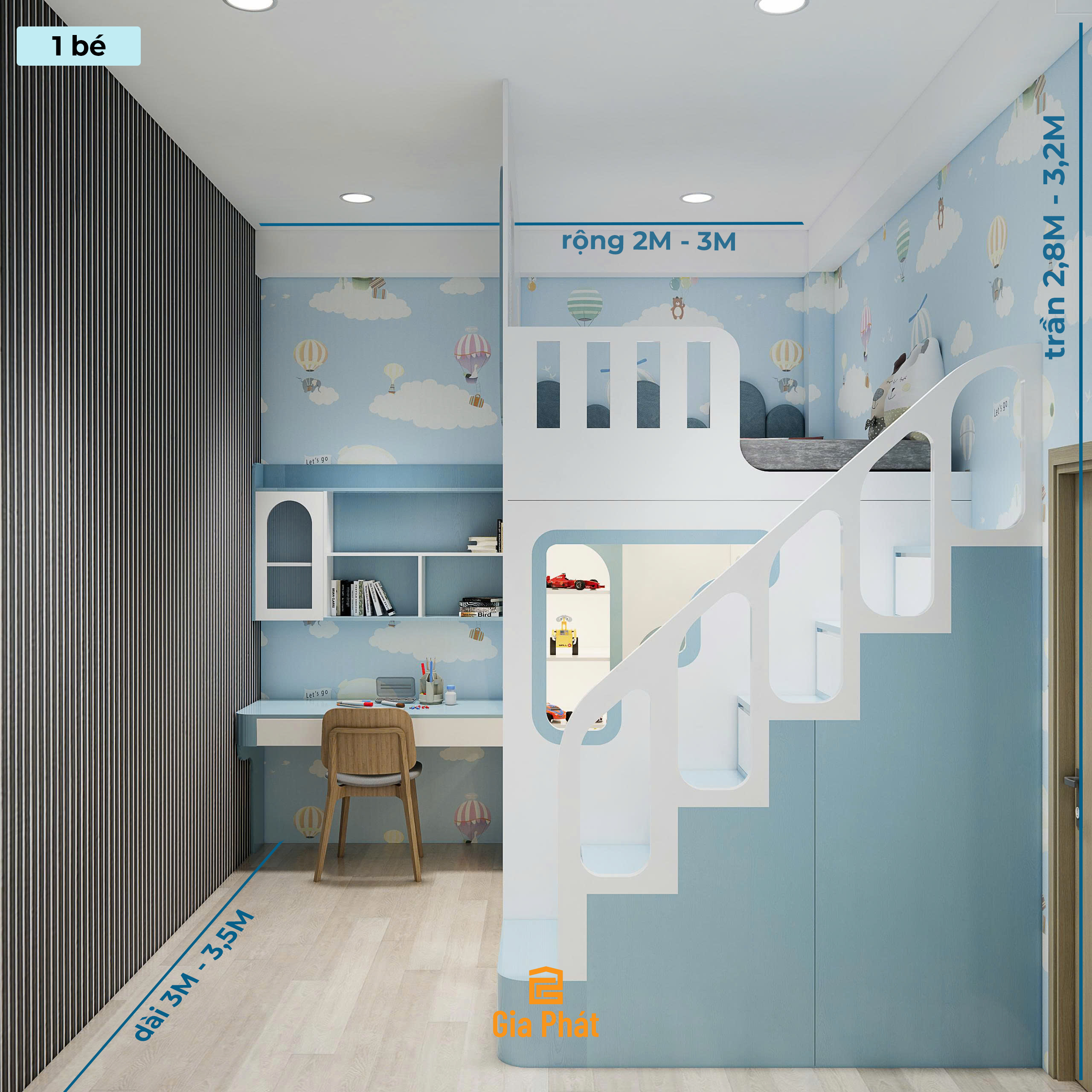 Phòng ngủ bé trai 10m2 tone xanh hiện đại