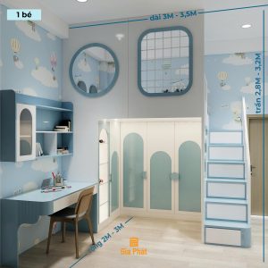 Phòng ngủ bé trai 10m2 tone xanh hiện đại
