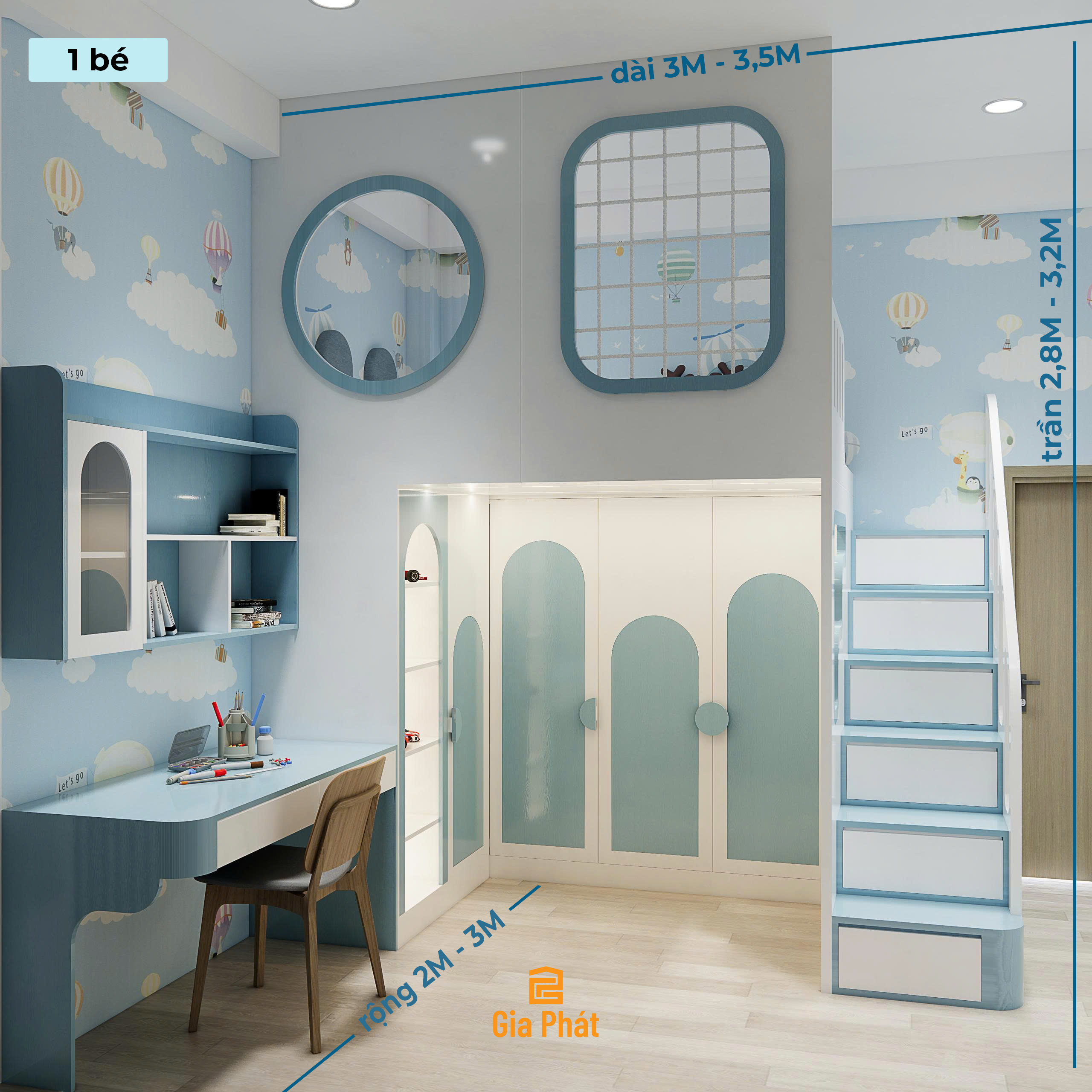 Phòng ngủ bé trai 10m2 tone xanh hiện đại
