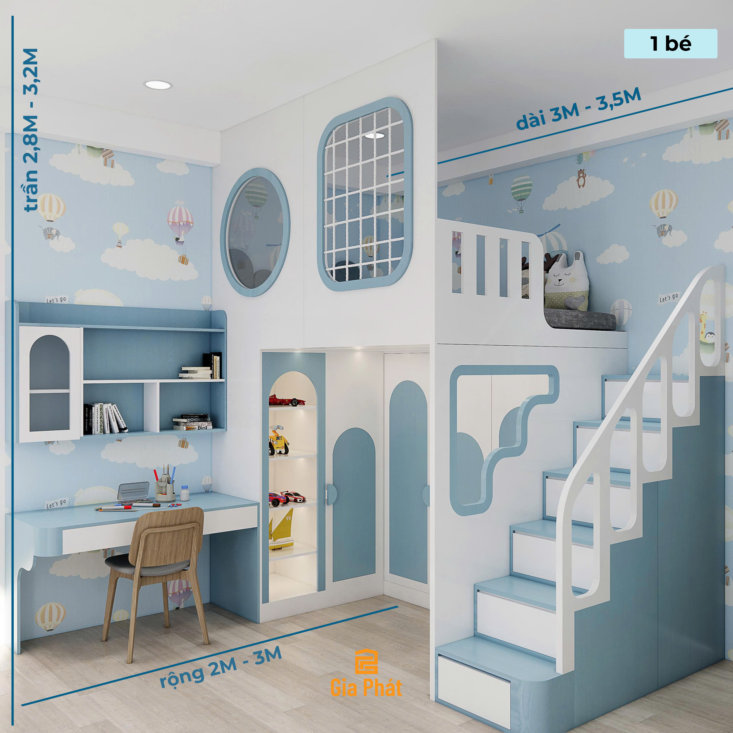 Phòng ngủ bé trai 10m2 tone xanh hiện đại