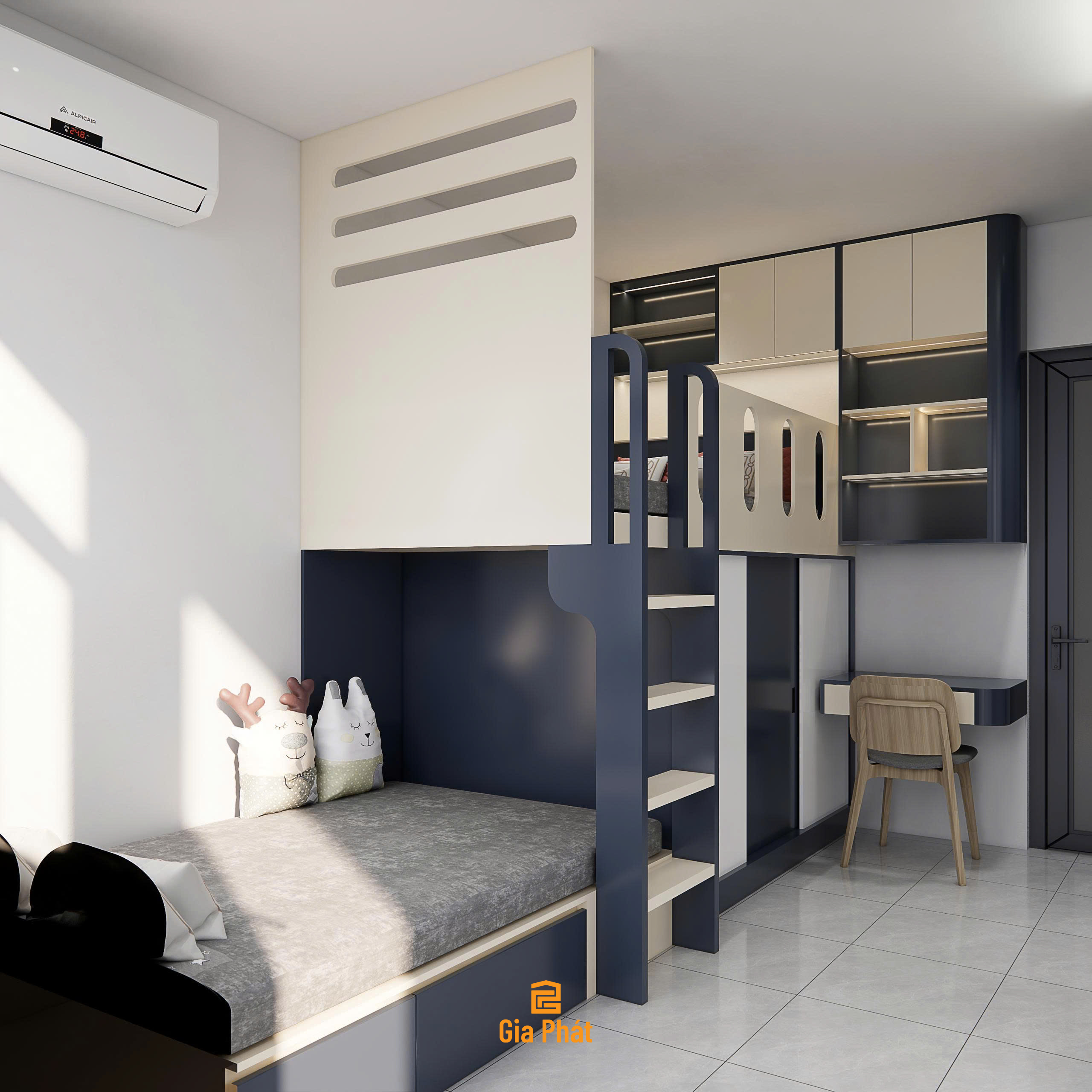 Phòng ngủ 15m2 cho 2 bé với giường so le tiết kiệm không gian
