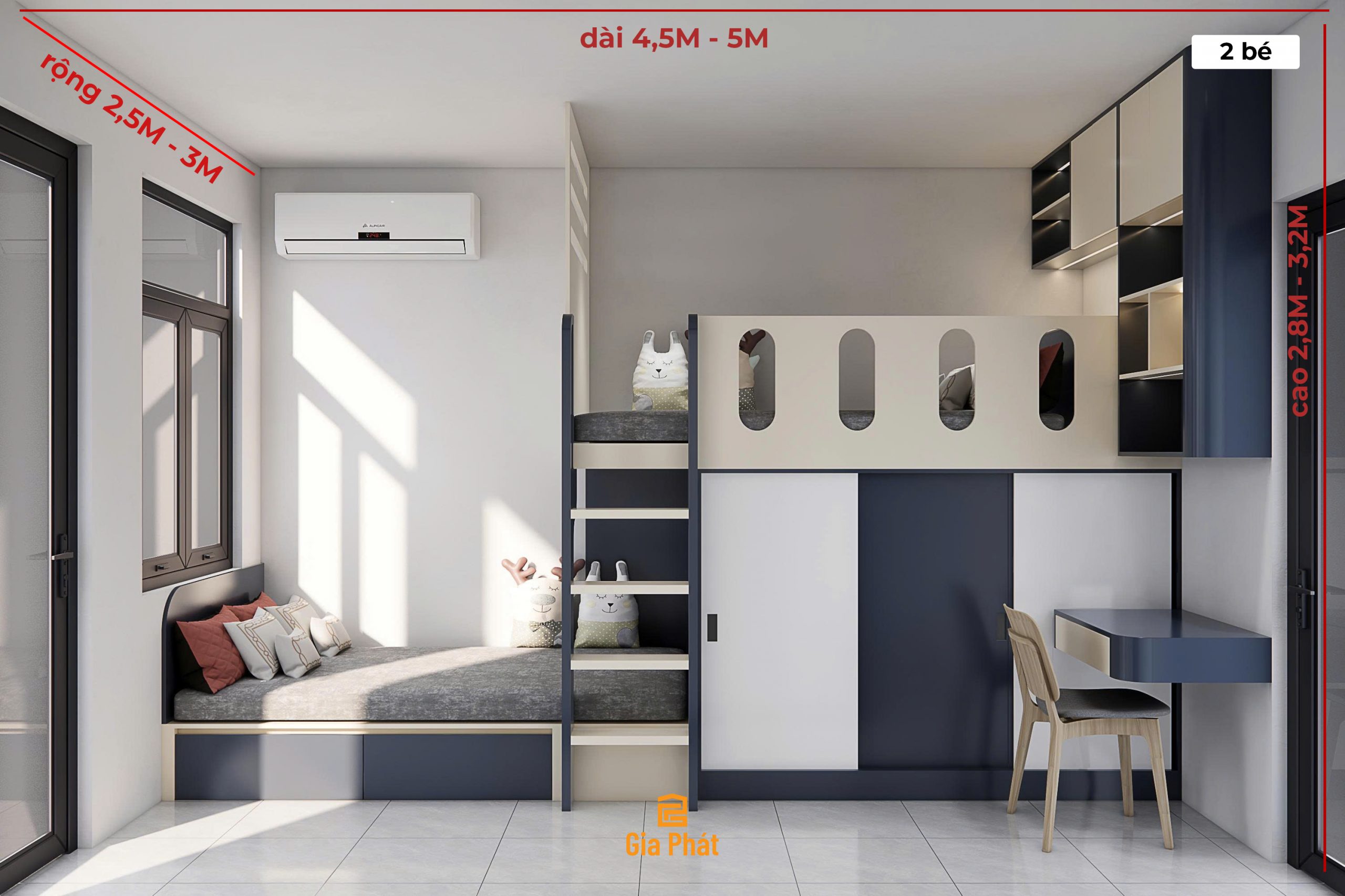 Phòng ngủ 15m2 cho 2 bé với giường so le tiết kiệm không gian