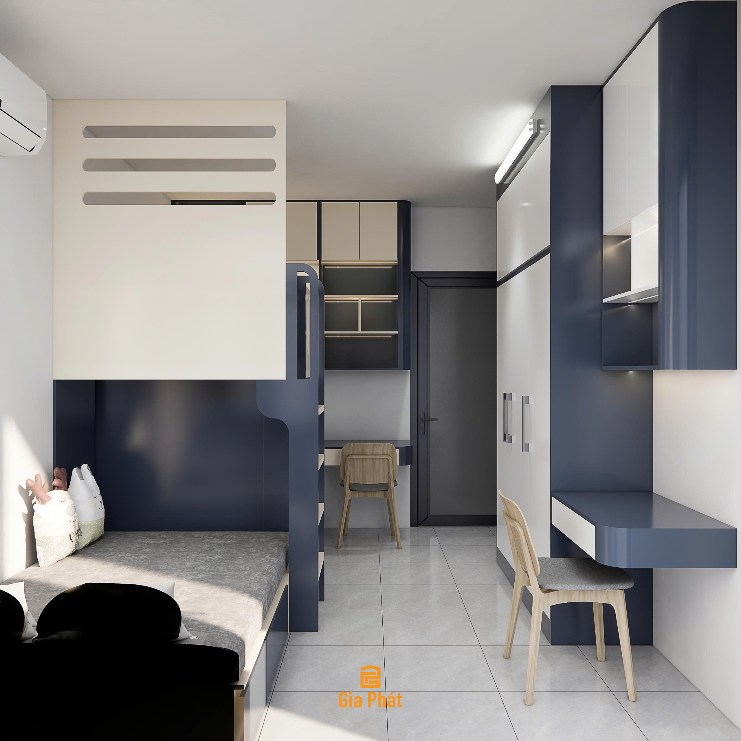 Phòng ngủ 15m2 cho 2 bé với giường so le tiết kiệm không gian